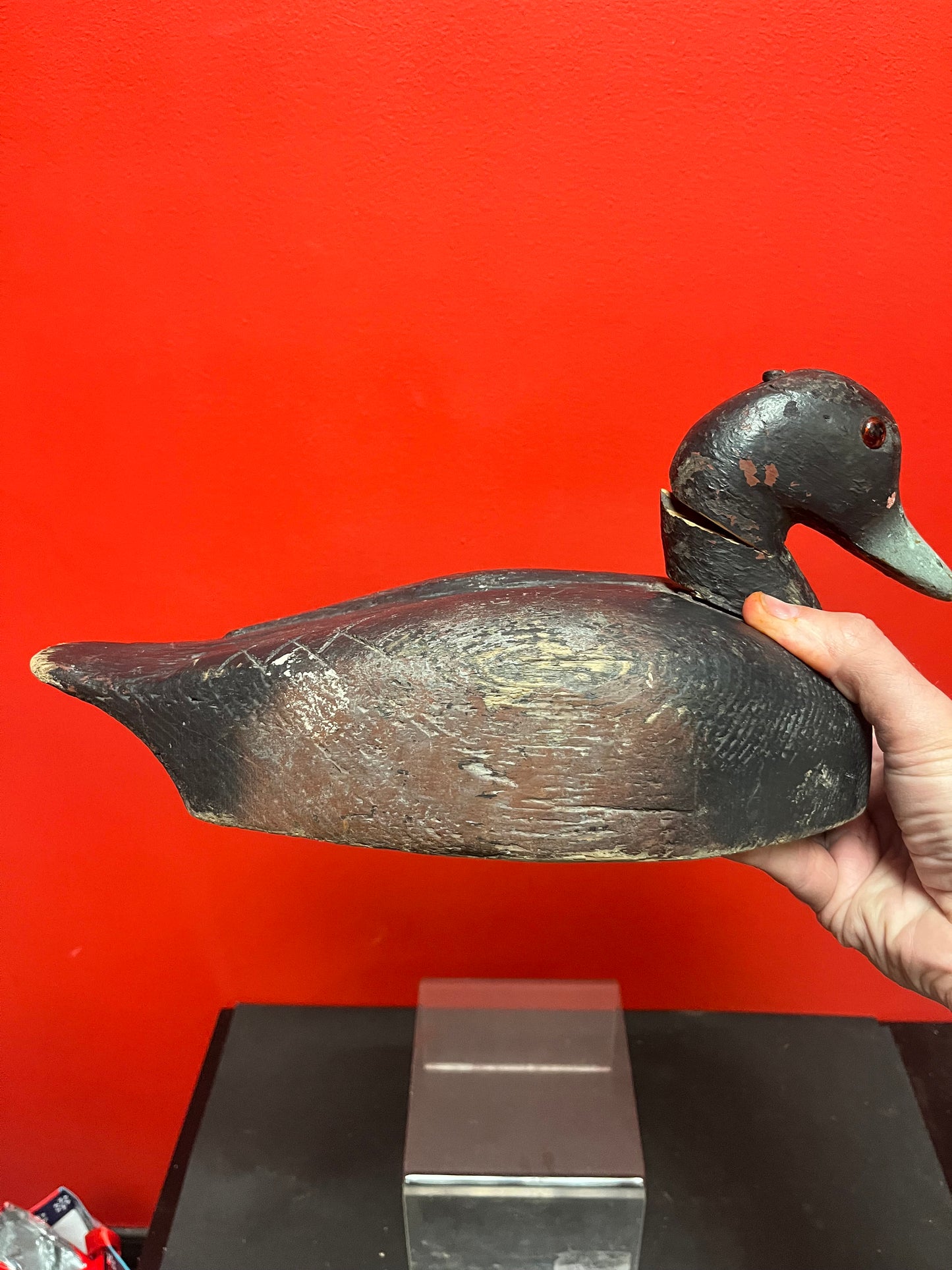 Lovely 14 by 6.5 inch high antique Canadian late 19 century duck decoy  wonderful patina, and a crack in the neck  wow