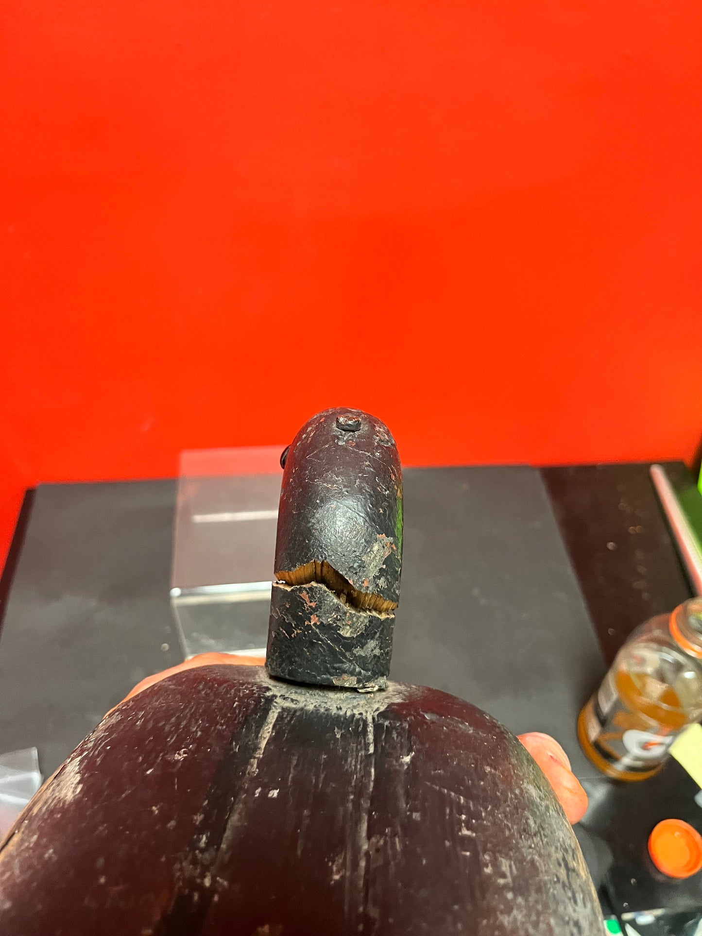 Lovely 14 by 6.5 inch high antique Canadian late 19 century duck decoy  wonderful patina, and a crack in the neck  wow