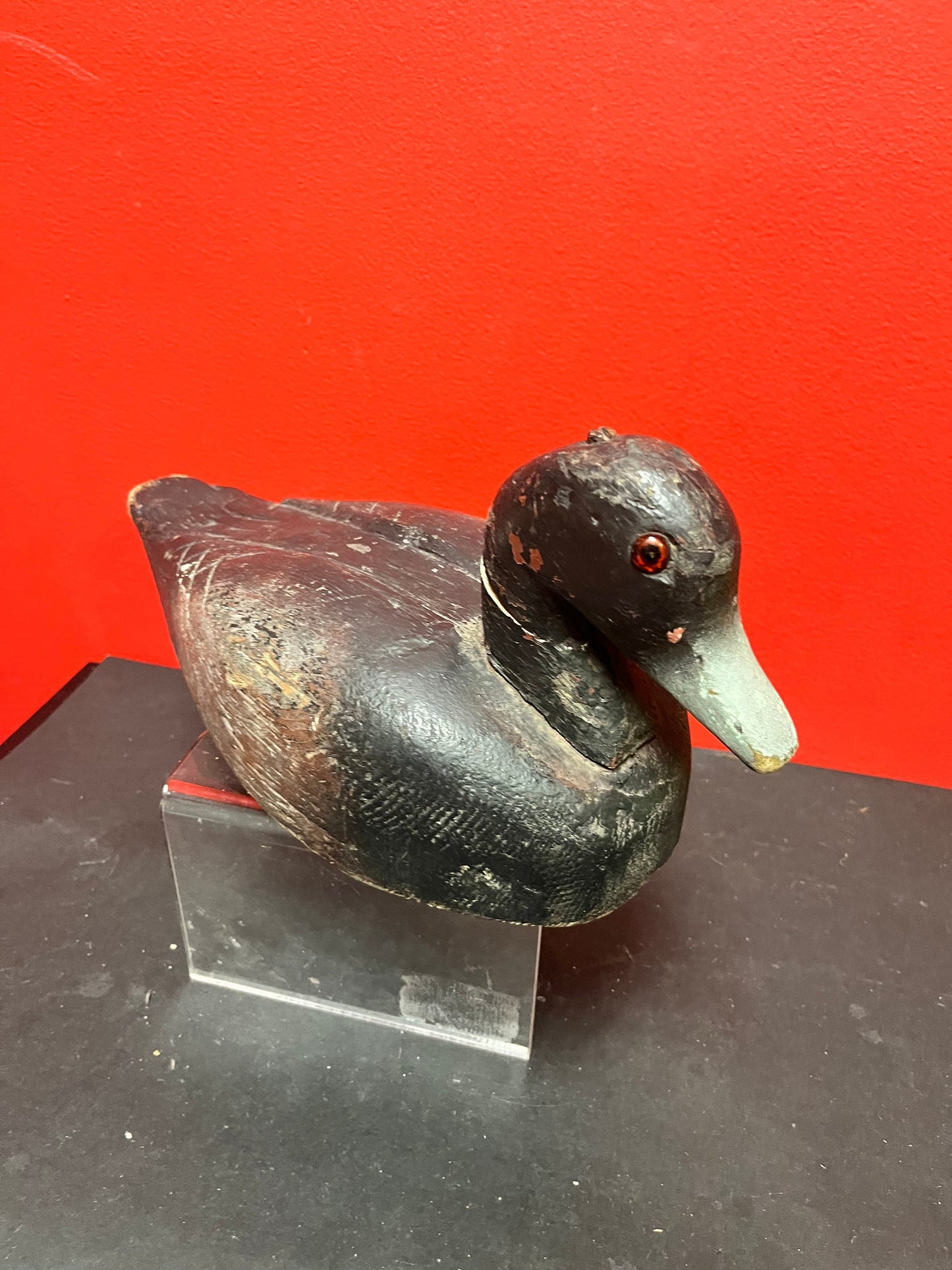Lovely 14 by 6.5 inch high antique Canadian late 19 century duck decoy  wonderful patina, and a crack in the neck  wow
