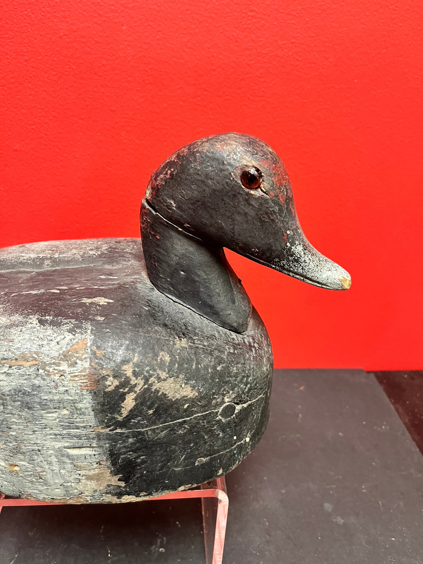 Lovely 13 by 8 inch high antique Canadian late 19 century duck decoy  wonderful patina, and a crack in the neck  wow