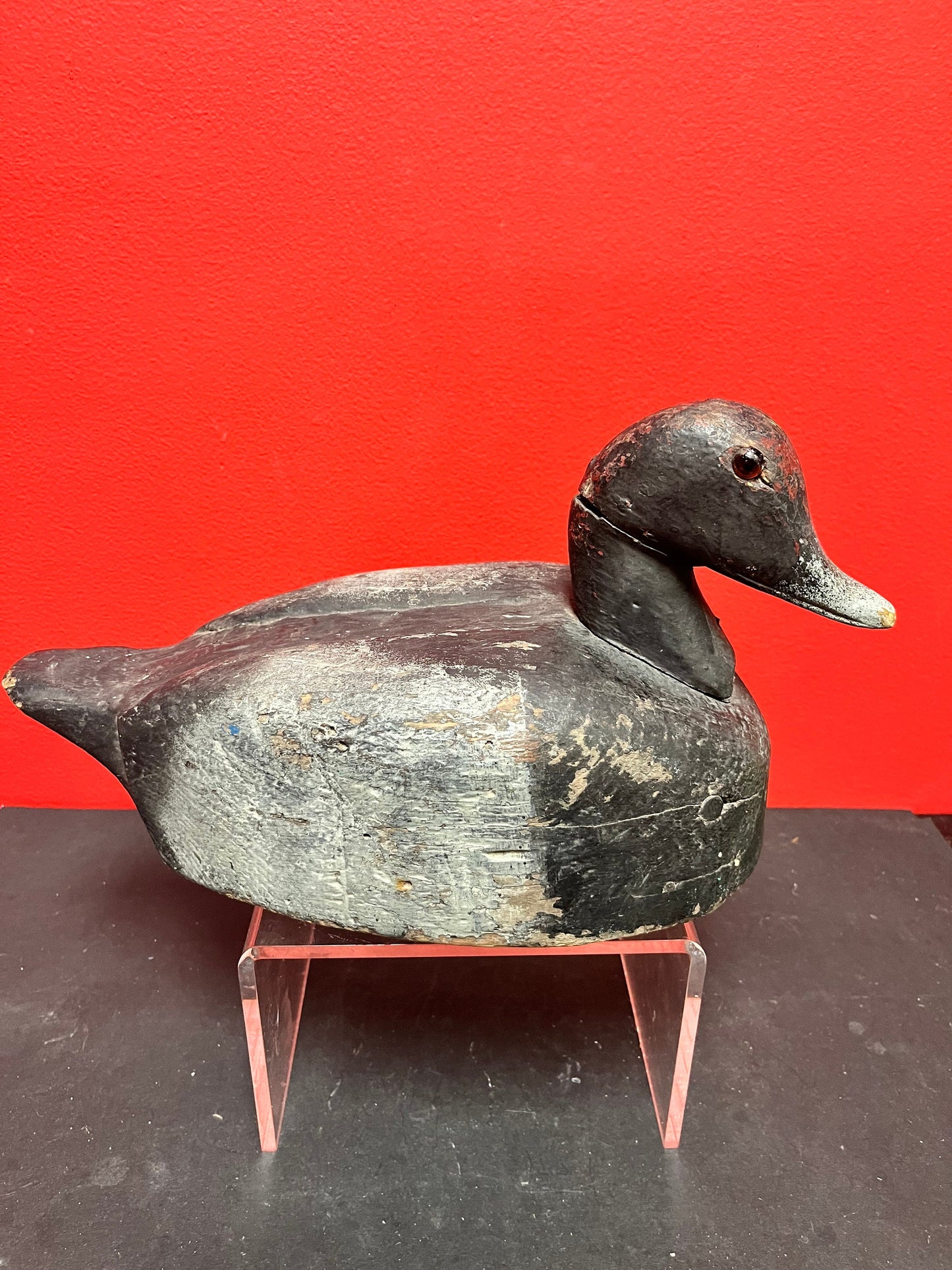 Lovely 13 by 8 inch high antique Canadian late 19 century duck decoy  wonderful patina, and a crack in the neck  wow