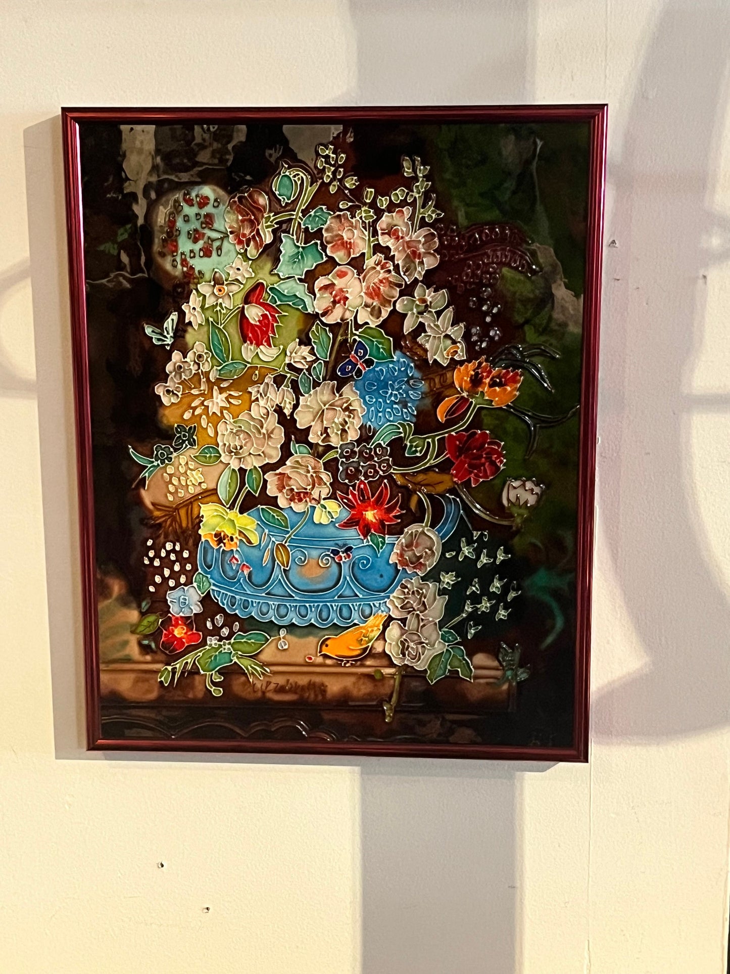 A  14 x 11 heavy metal enamelled picture in frame  signed and heavy  amazing detail and quality  wow