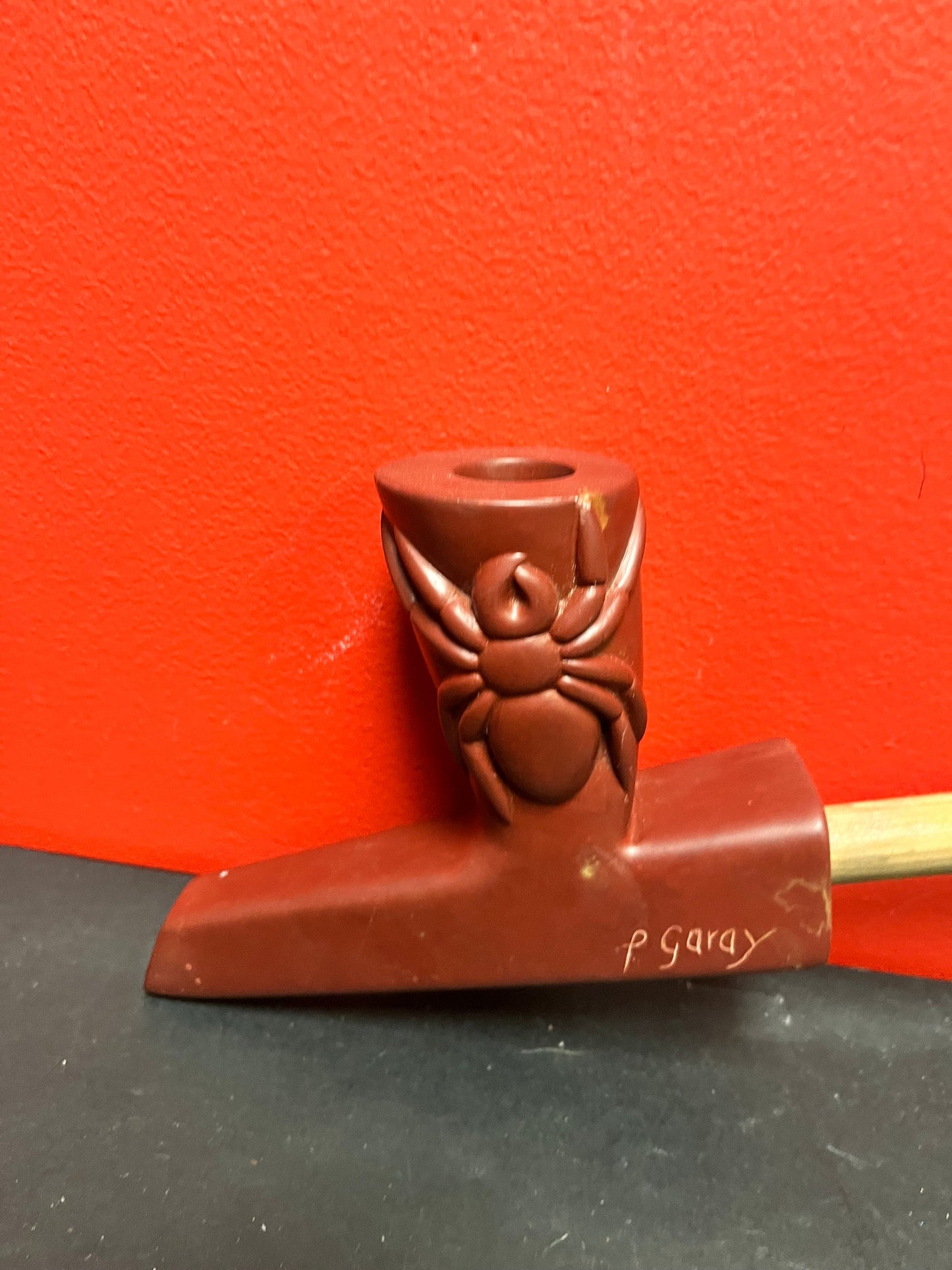 Very rare 24 x 6 tall indigenous first nations Haida red Argillite  pipe signed beauty