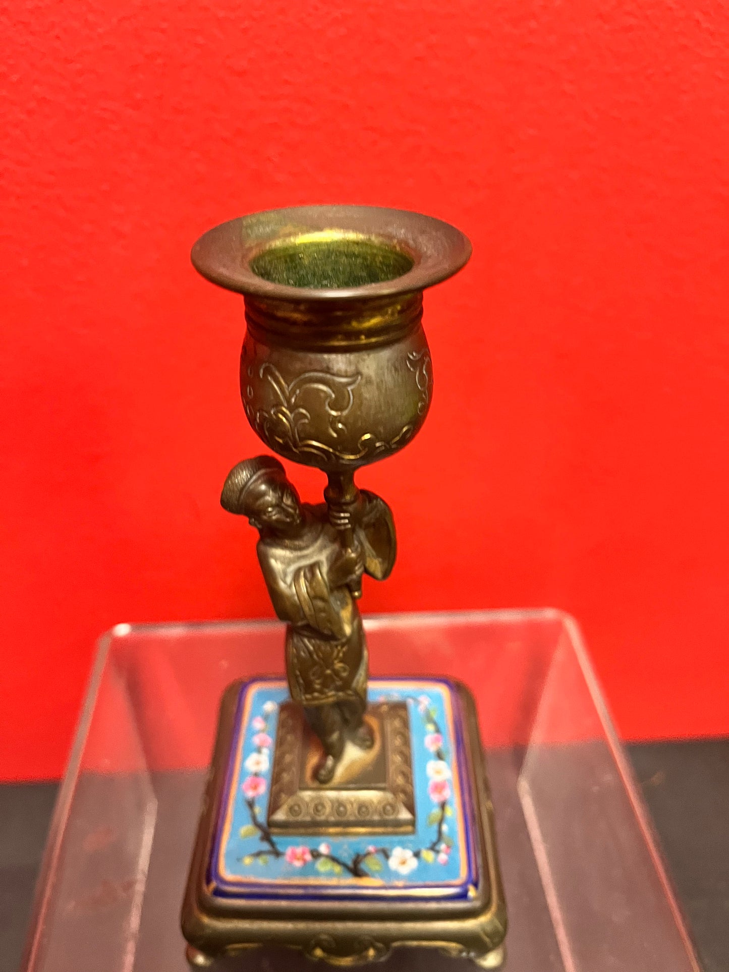 Lovely antique Chinese 6.25 inch high bronze and enamel candlestick   perfect condition