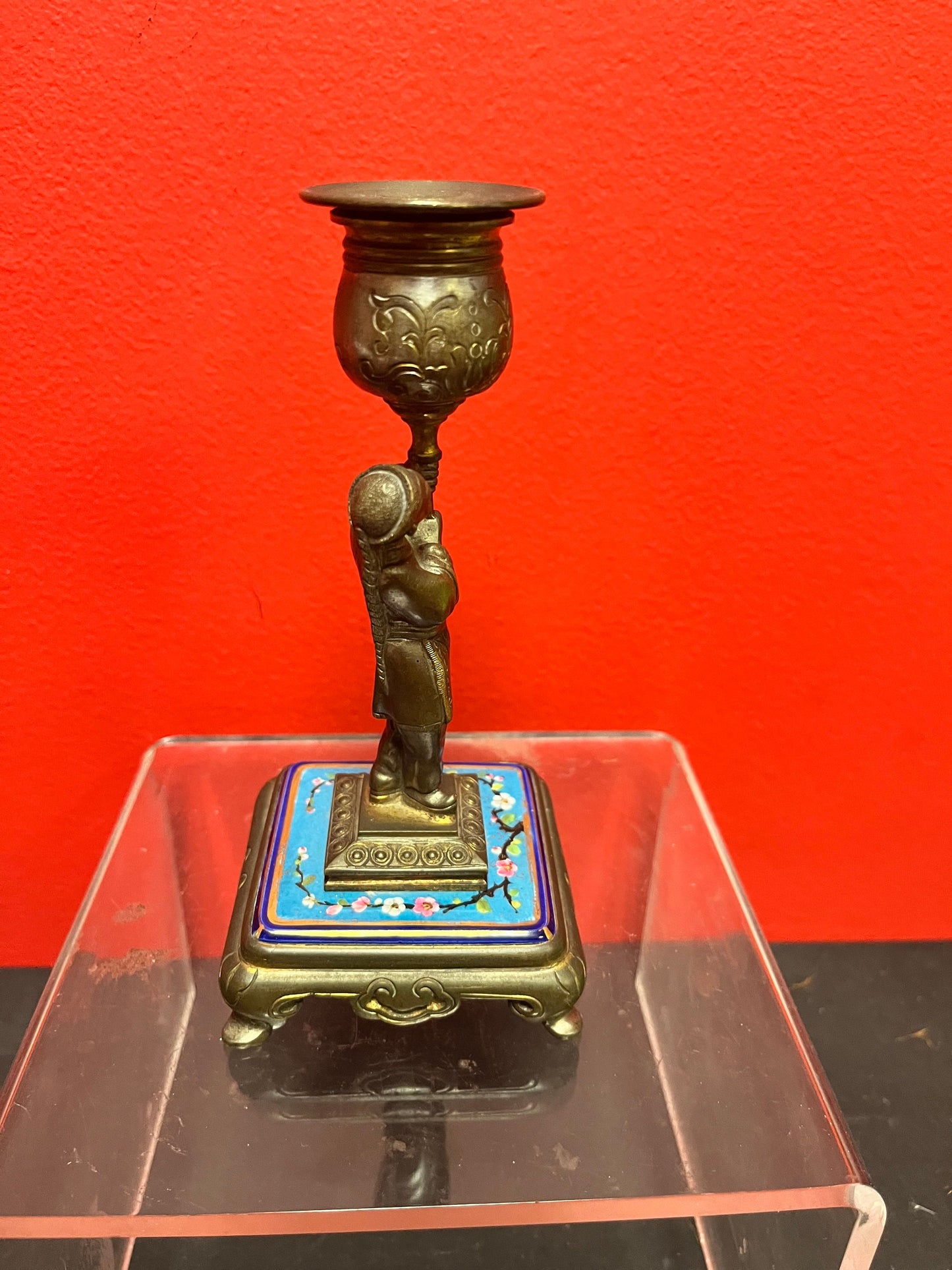 Lovely antique Chinese 6.25 inch high bronze and enamel candlestick   perfect condition