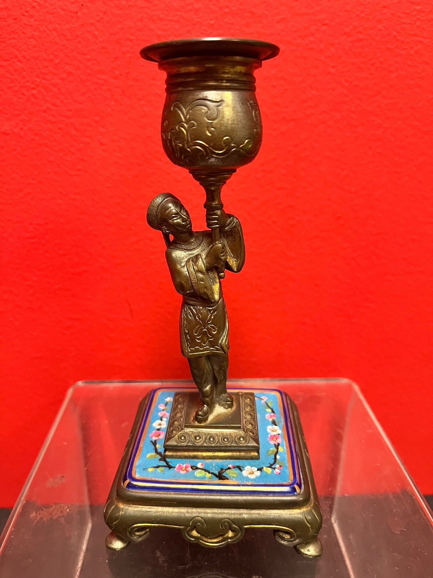 Lovely antique Chinese 6.25 inch high bronze and enamel candlestick   perfect condition