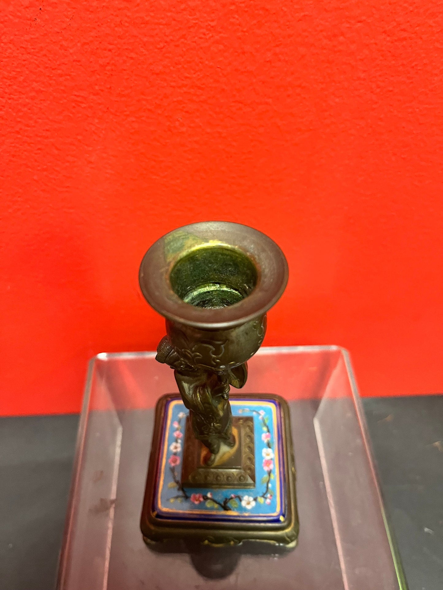 Lovely antique Chinese 6.25 inch high bronze and enamel candlestick   perfect condition