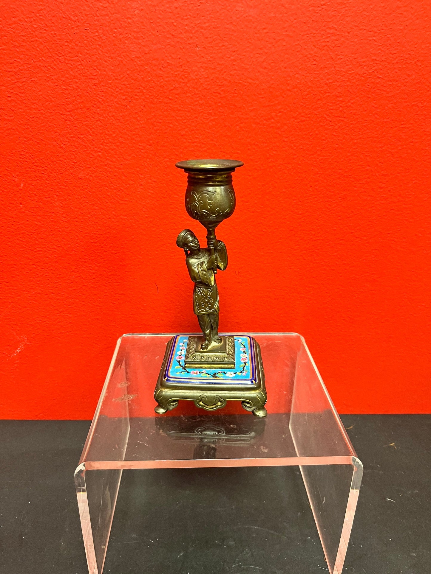 Lovely antique Chinese 6.25 inch high bronze and enamel candlestick   perfect condition