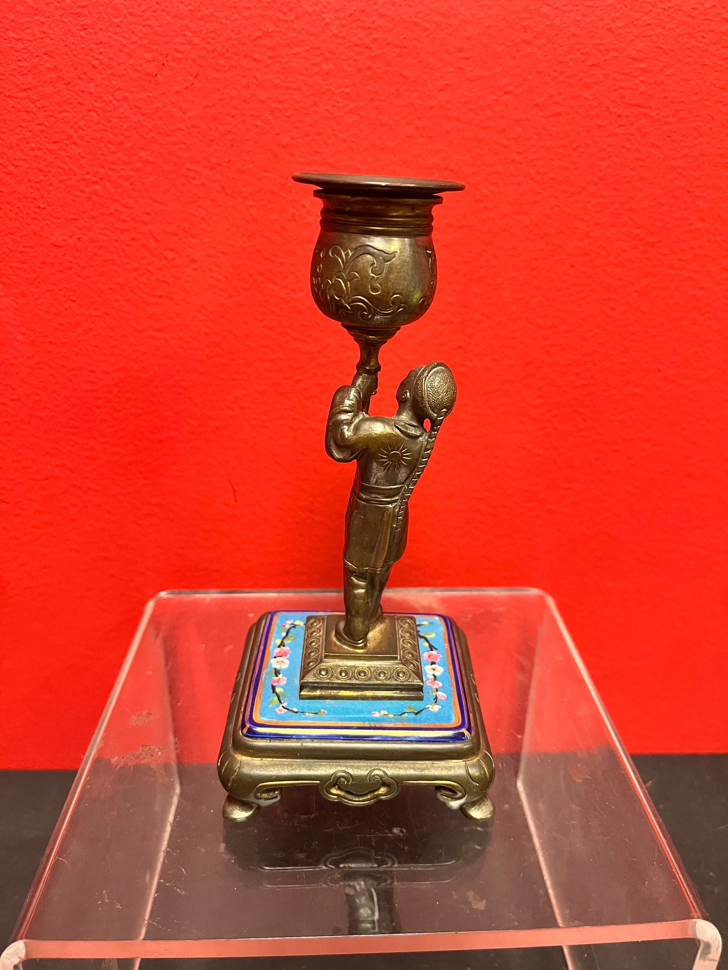 Lovely antique Chinese 6.25 inch high bronze and enamel candlestick   perfect condition