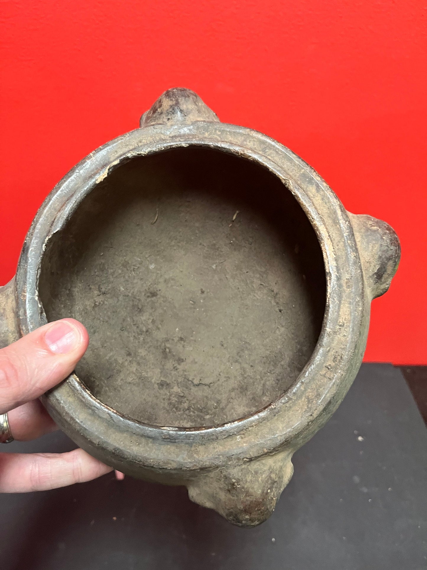 6 x 6  inch rare museum quality 19th century or earlier African pottery bowl with monkey heads as ancient artifact minor damage due to age