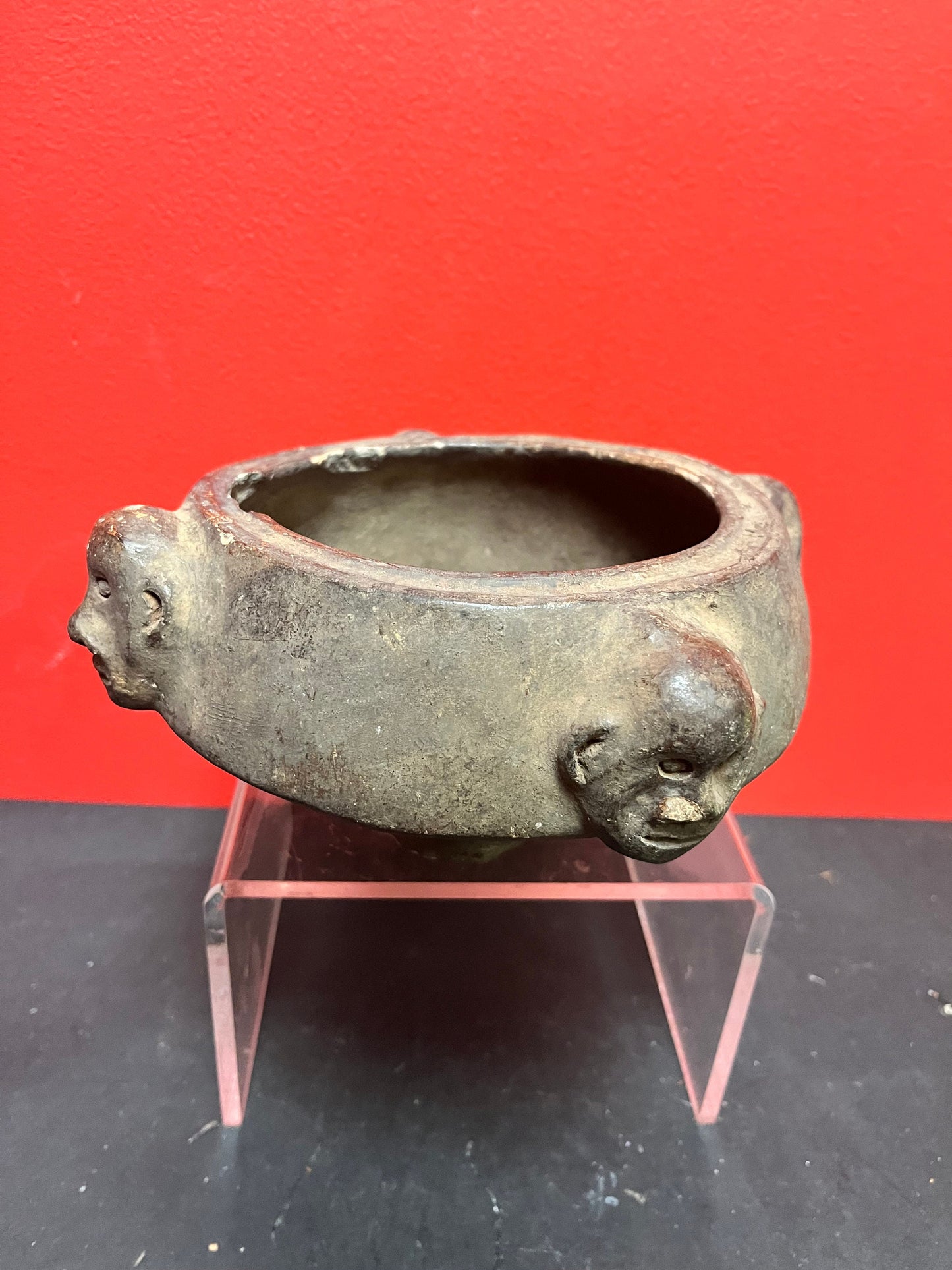 6 x 6  inch rare museum quality 19th century or earlier African pottery bowl with monkey heads as ancient artifact minor damage due to age