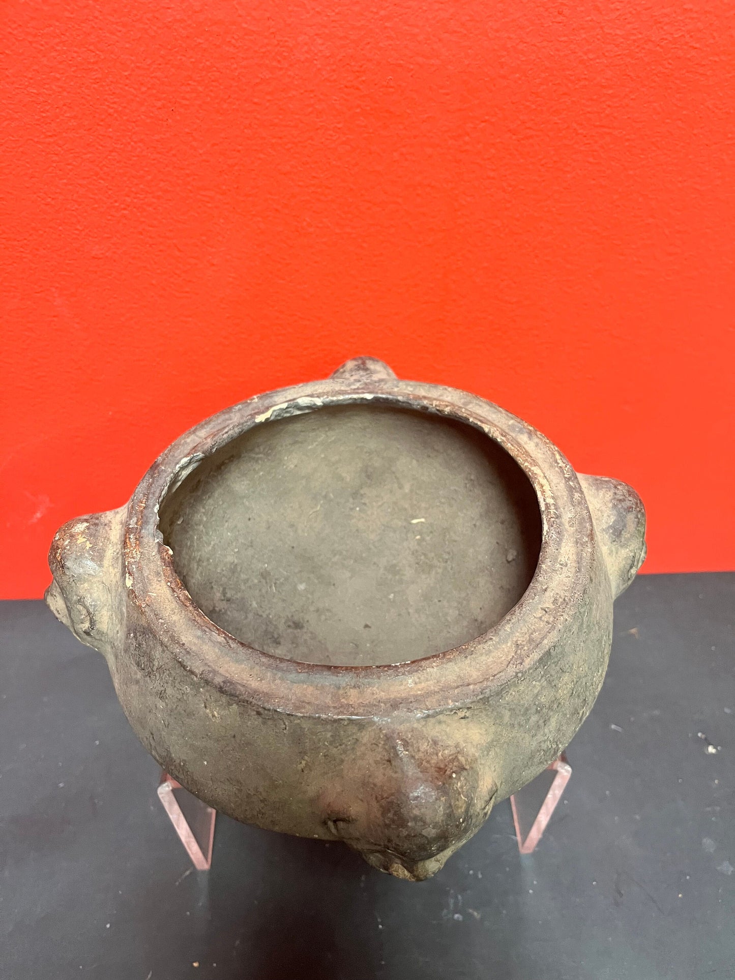 6 x 6  inch rare museum quality 19th century or earlier African pottery bowl with monkey heads as ancient artifact minor damage due to age