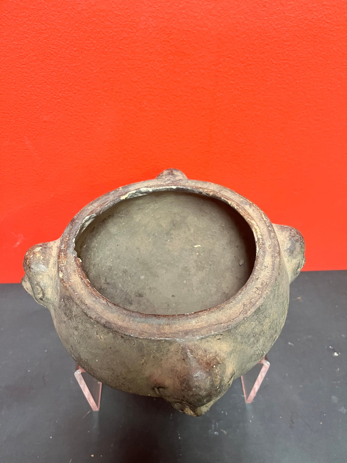 6 x 6  inch rare museum quality 19th century or earlier African pottery bowl with monkey heads as ancient artifact minor damage due to age