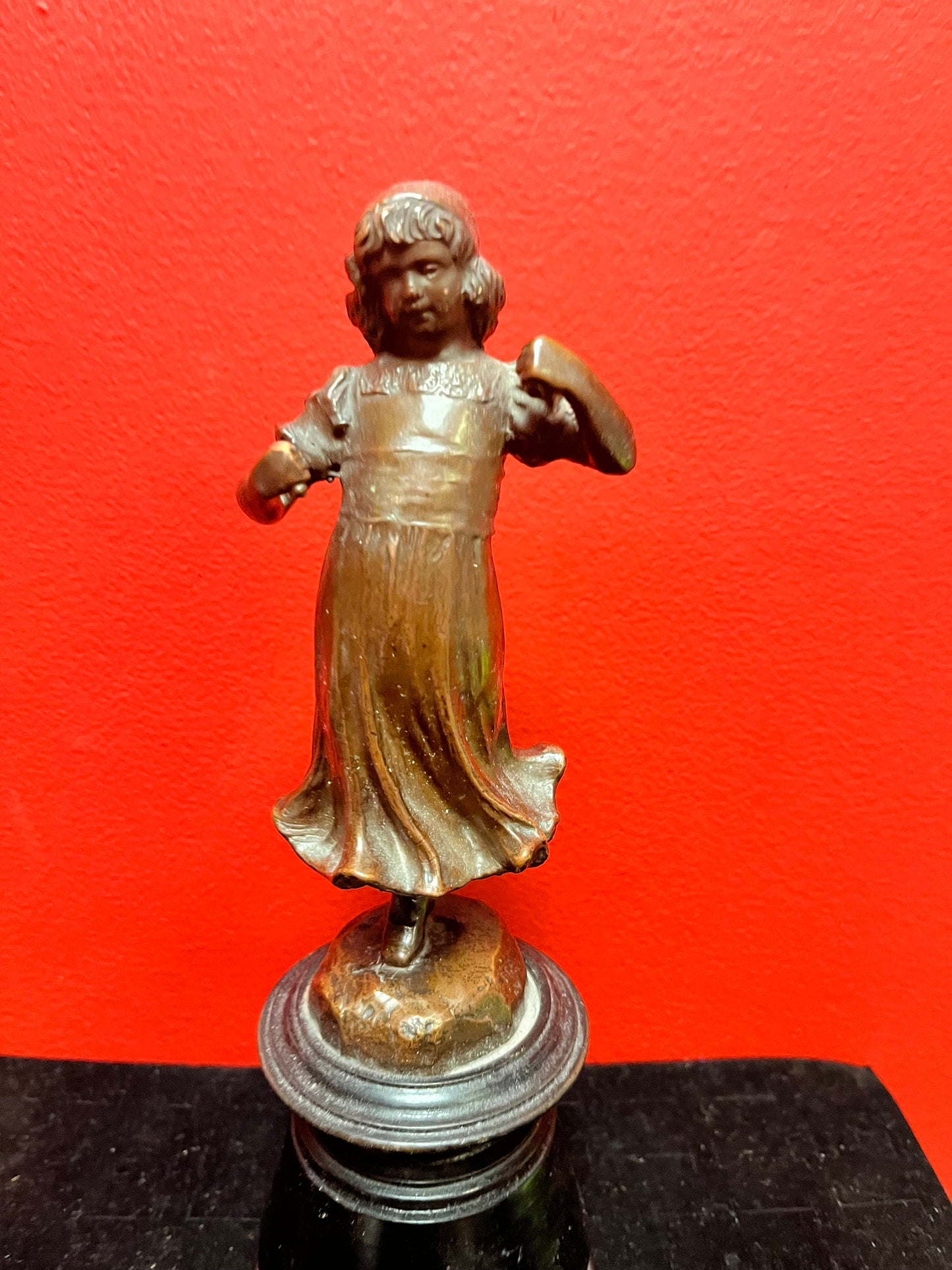 Spectacular 11 inch tall signed and dated 1906 bronze lady on wood stand  wonderful Patina and quality  bronze antique beauty!