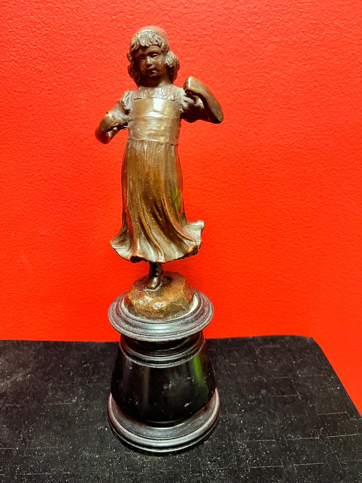 Spectacular 11 inch tall signed and dated 1906 bronze lady on wood stand  wonderful Patina and quality  bronze antique beauty!