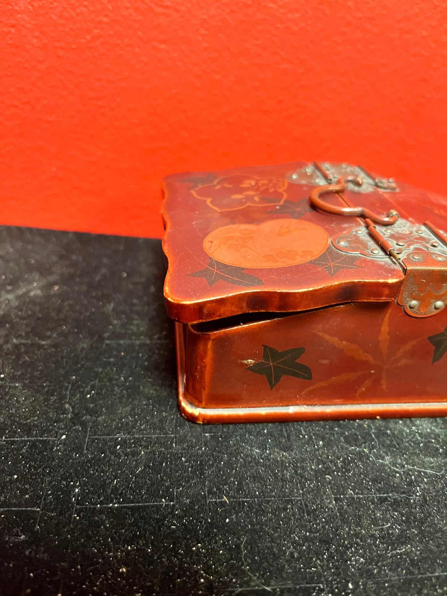 A Lovely Japanese lacquer  and bronze 4 x 3 x 2 high hand decorated box  Asian antique beauty