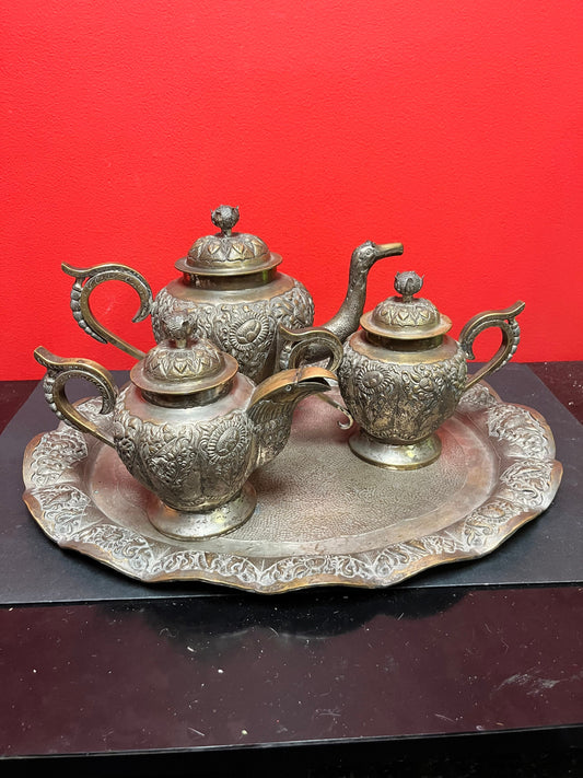 A  Fabulous antique high-quality heavy Persian untested silver tea set on 17 inch long tray  important historical set  some wear-