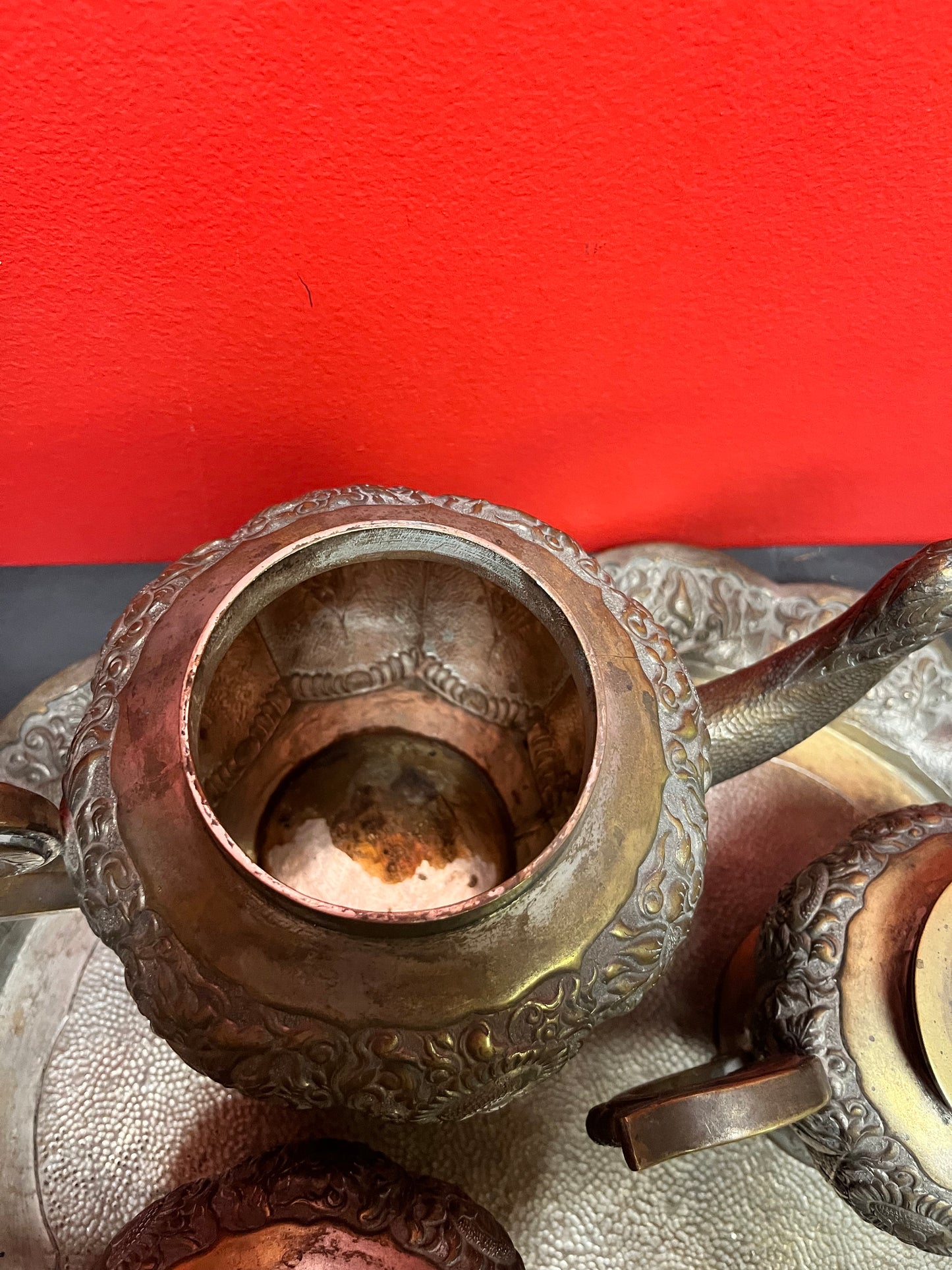 A  Fabulous antique high-quality heavy Persian untested silver tea set on 17 inch long tray  important historical set  some wear-