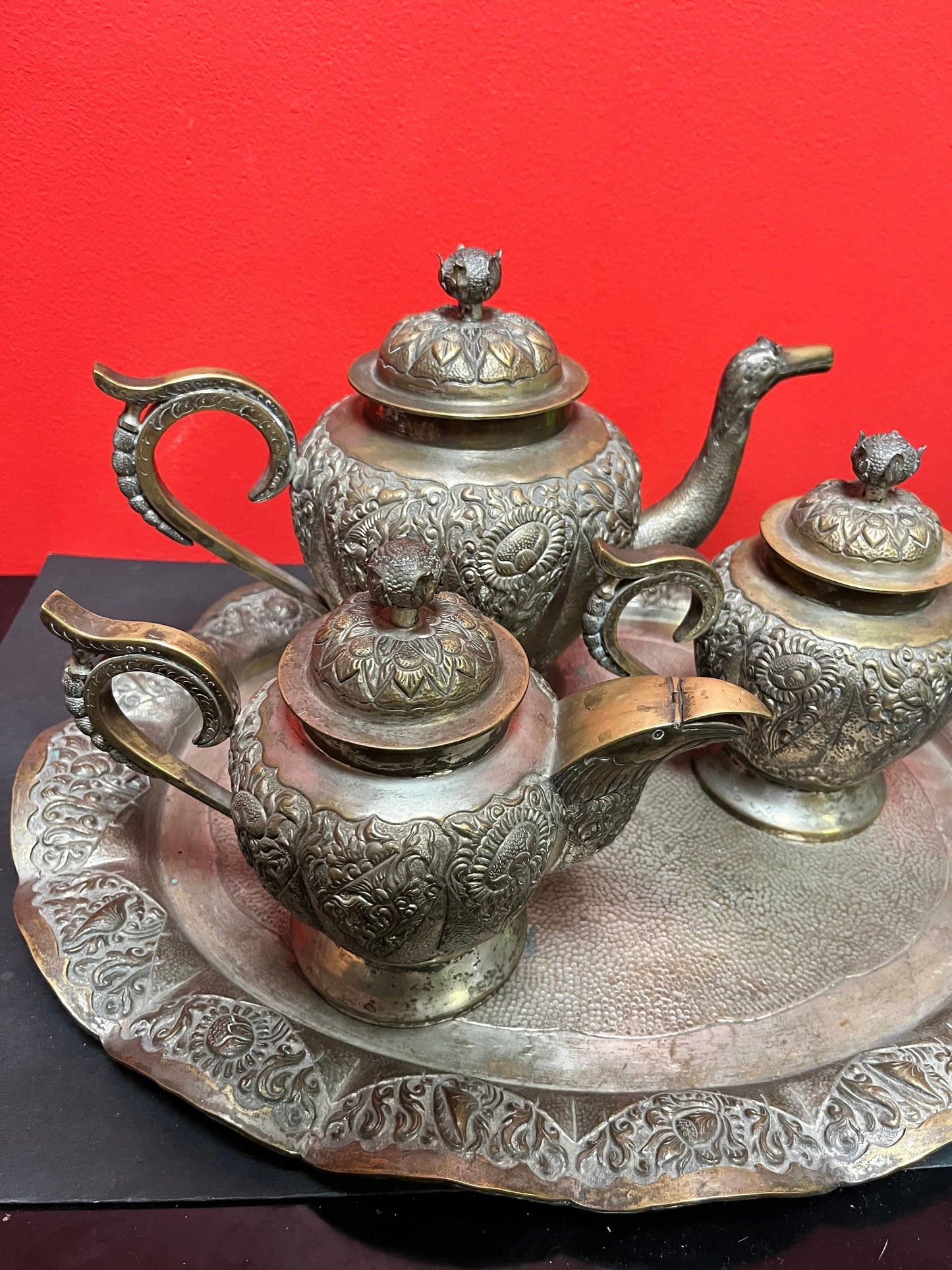 A  Fabulous antique high-quality heavy Persian untested silver tea set on 17 inch long tray  important historical set  some wear-