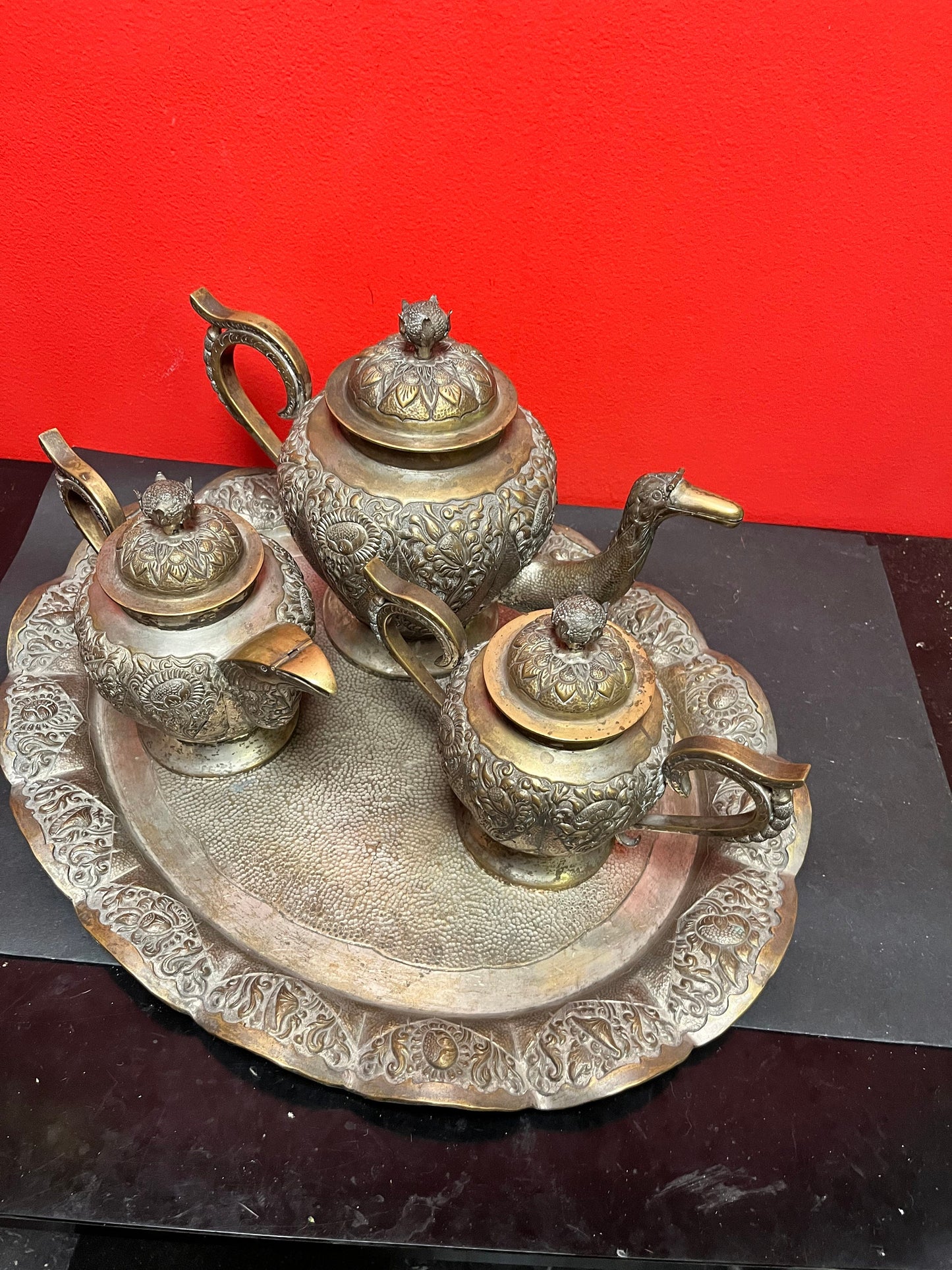 A  Fabulous antique high-quality heavy Persian untested silver tea set on 17 inch long tray  important historical set  some wear-