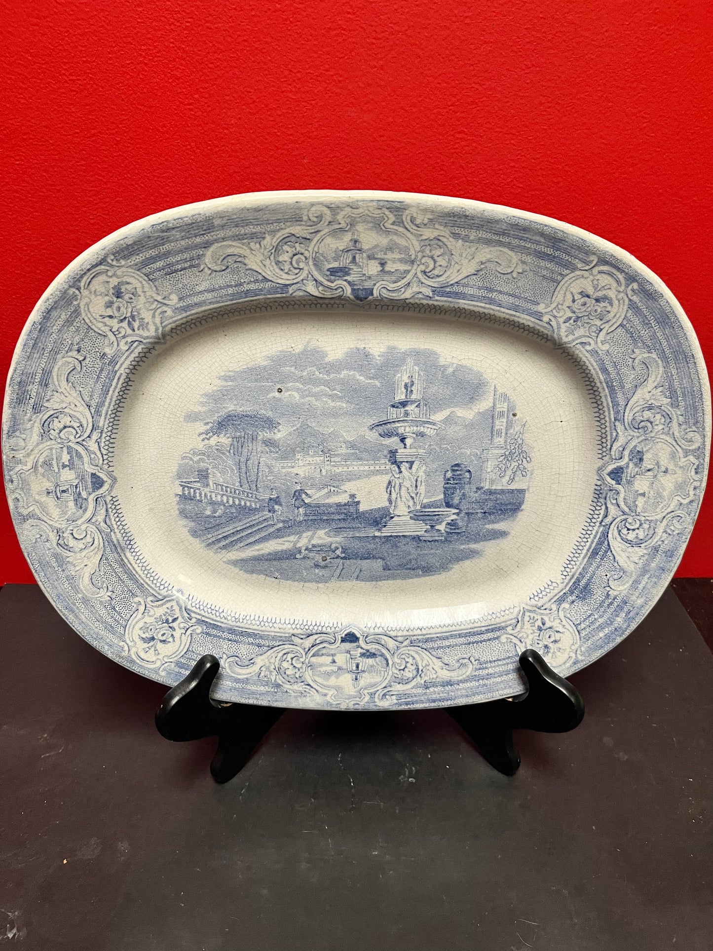 Stunning early 19th century perfect condition English blue and white platter  fabulous scene