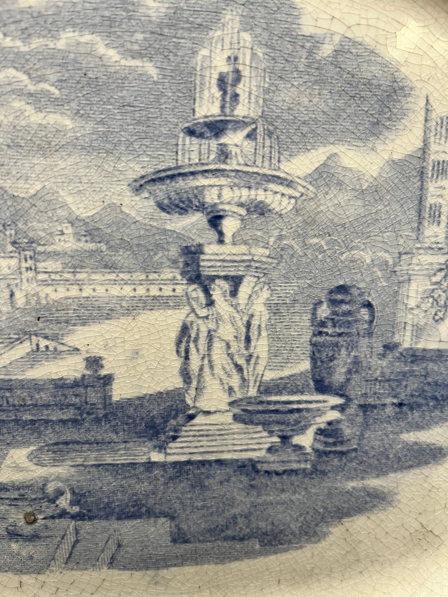 Stunning early 19th century perfect condition English blue and white platter  fabulous scene