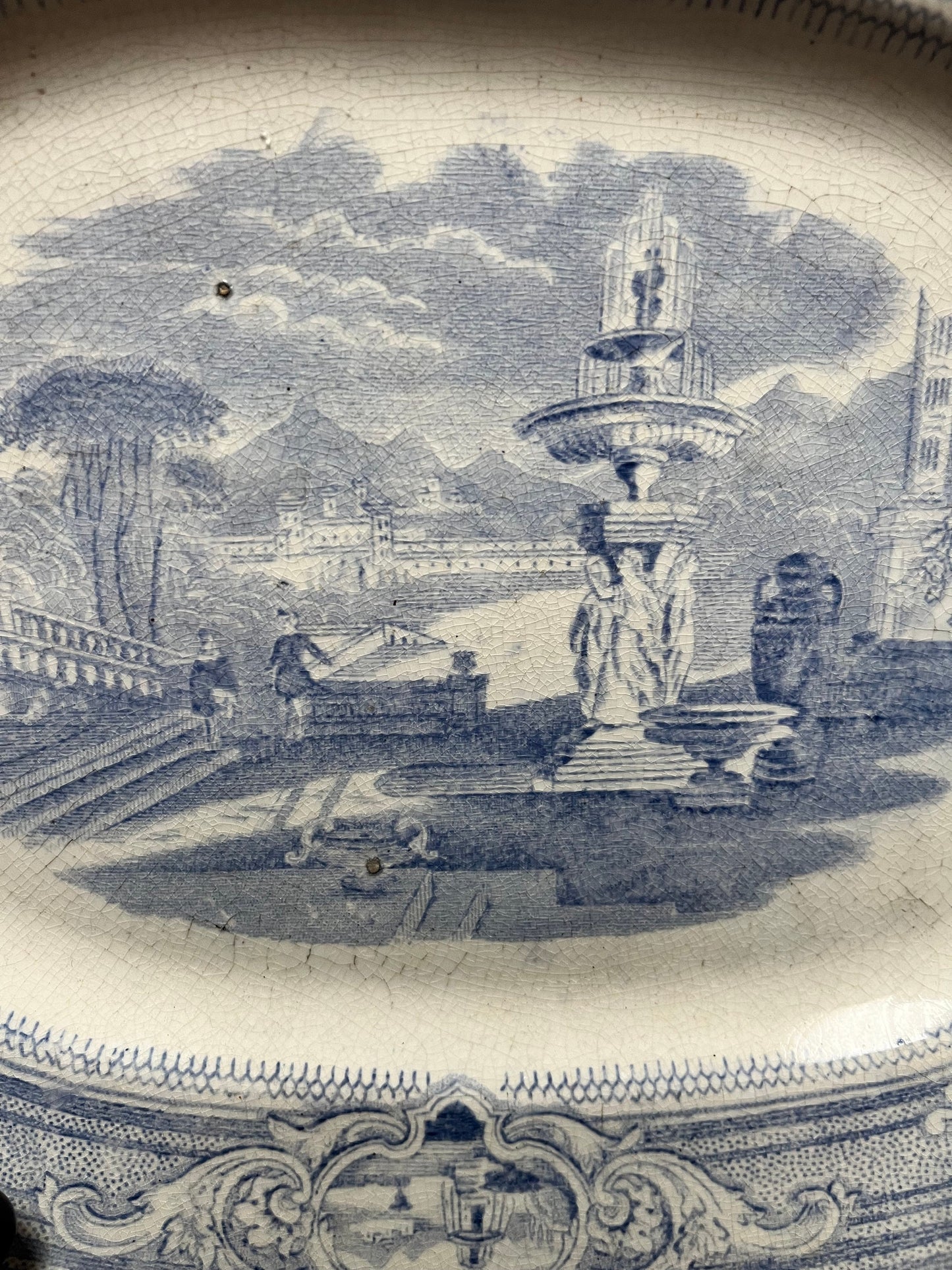 Stunning early 19th century perfect condition English blue and white platter  fabulous scene