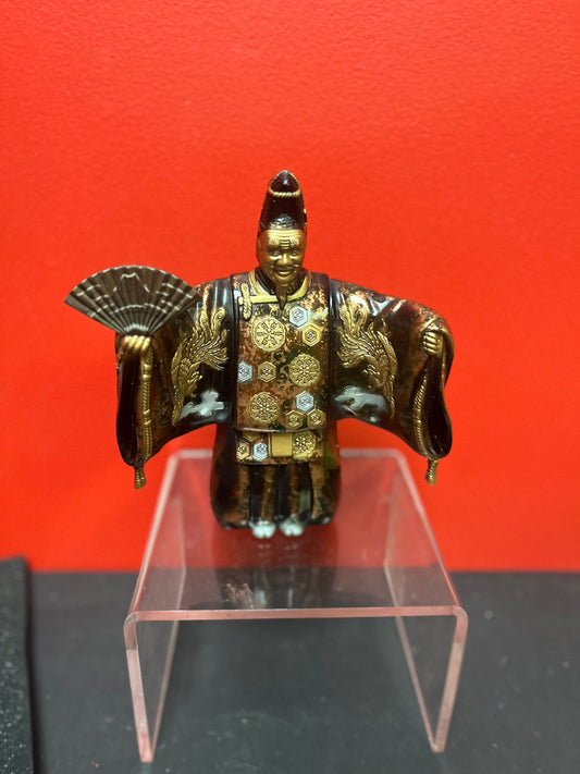 Fabulous 8 inch old Japanese gilded bronze statue of a fancy man holding a fan   exquisite patina and quality- heavy