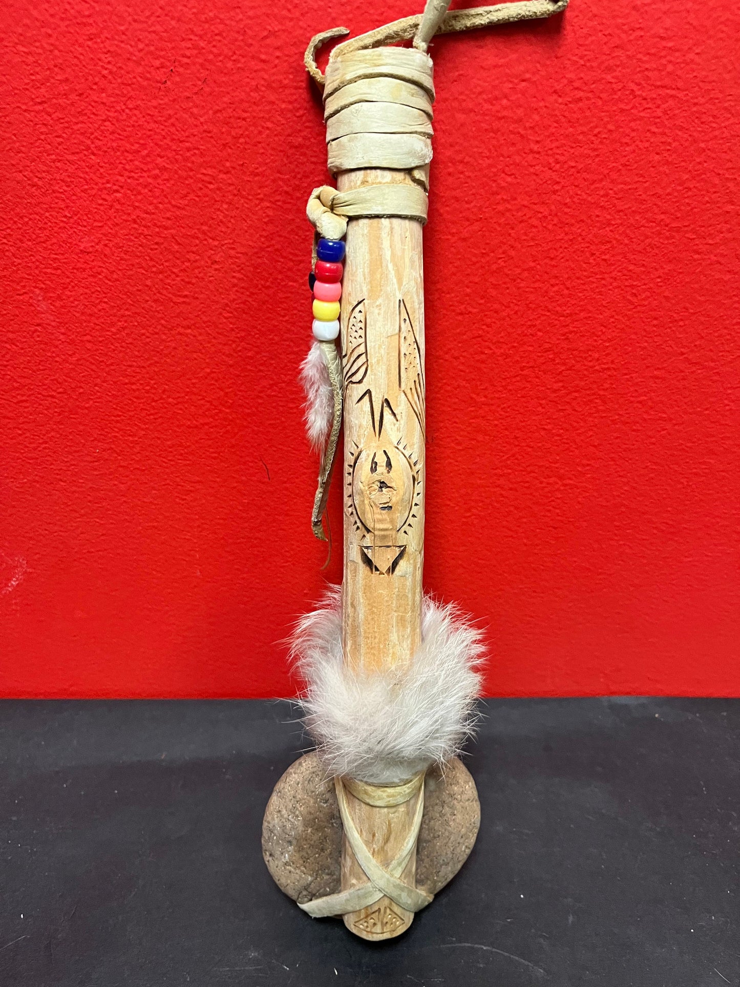 12 inch long leather beaded and stone model tomahawk   indigenous beauty