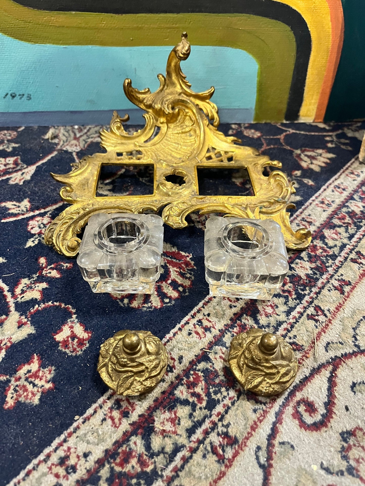 A  Stunning English antique art nouveau brass and crystal inkwell in mint condition  percent condition  8 x 6 x 4 hig