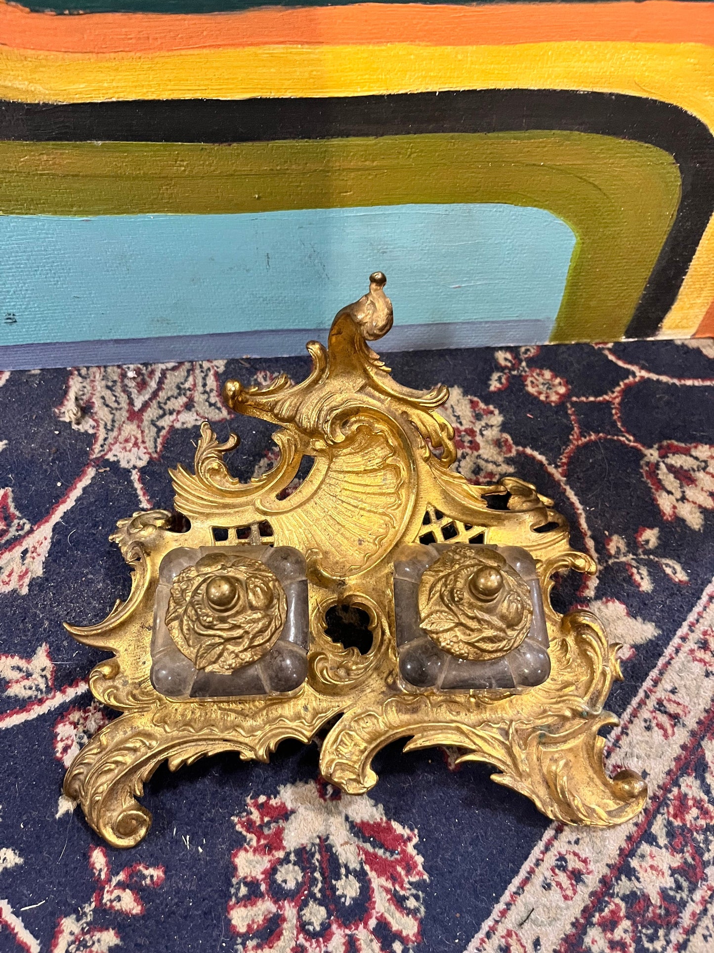 A  Stunning English antique art nouveau brass and crystal inkwell in mint condition  percent condition  8 x 6 x 4 hig