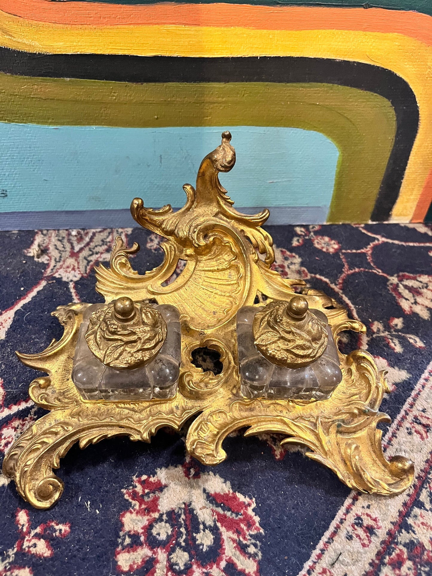 A  Stunning English antique art nouveau brass and crystal inkwell in mint condition  percent condition  8 x 6 x 4 hig