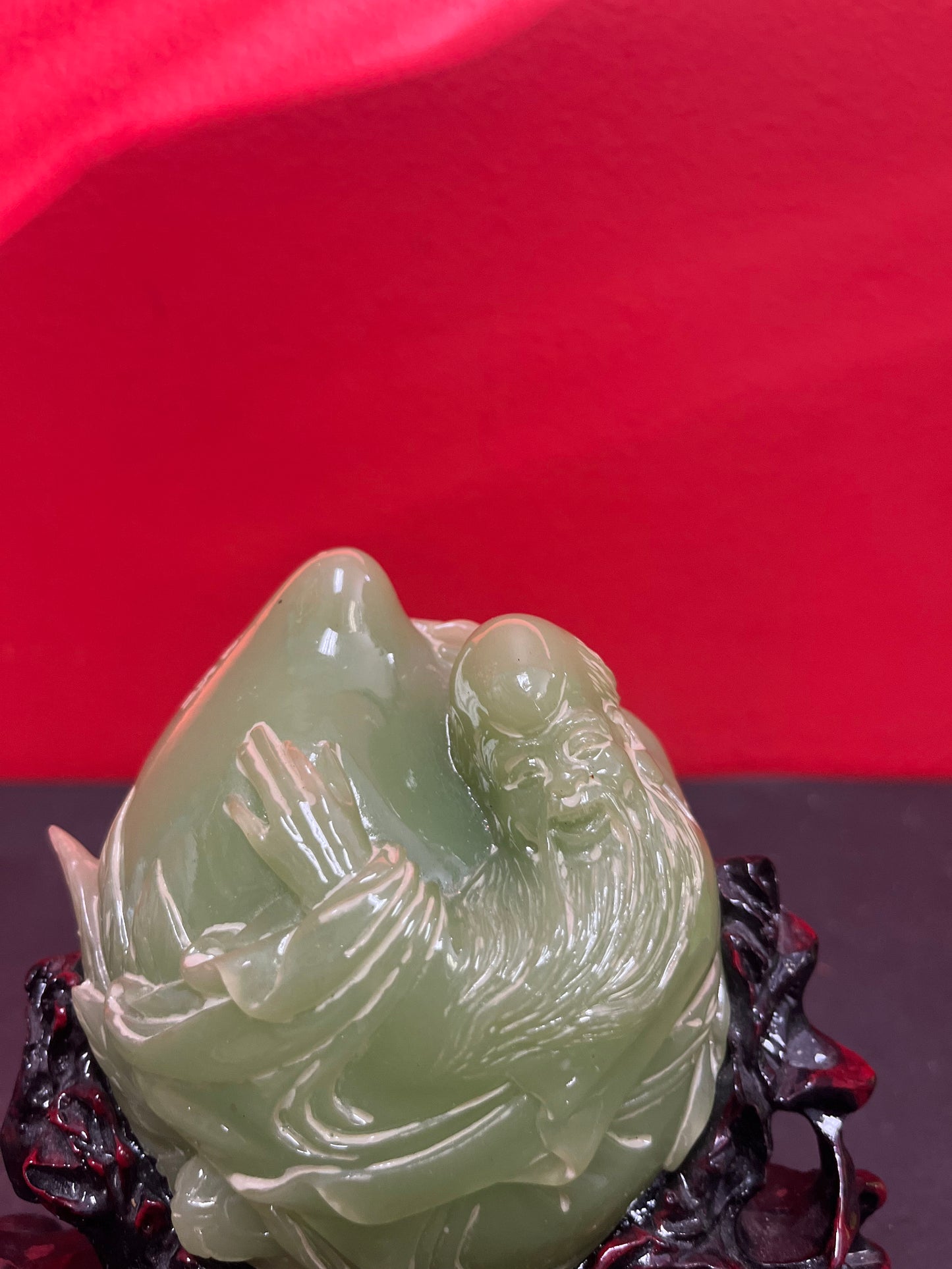 Exceptional Chinese 7 x 6 high signed Jade Confucius with pear on wooden stand  Perfect condition