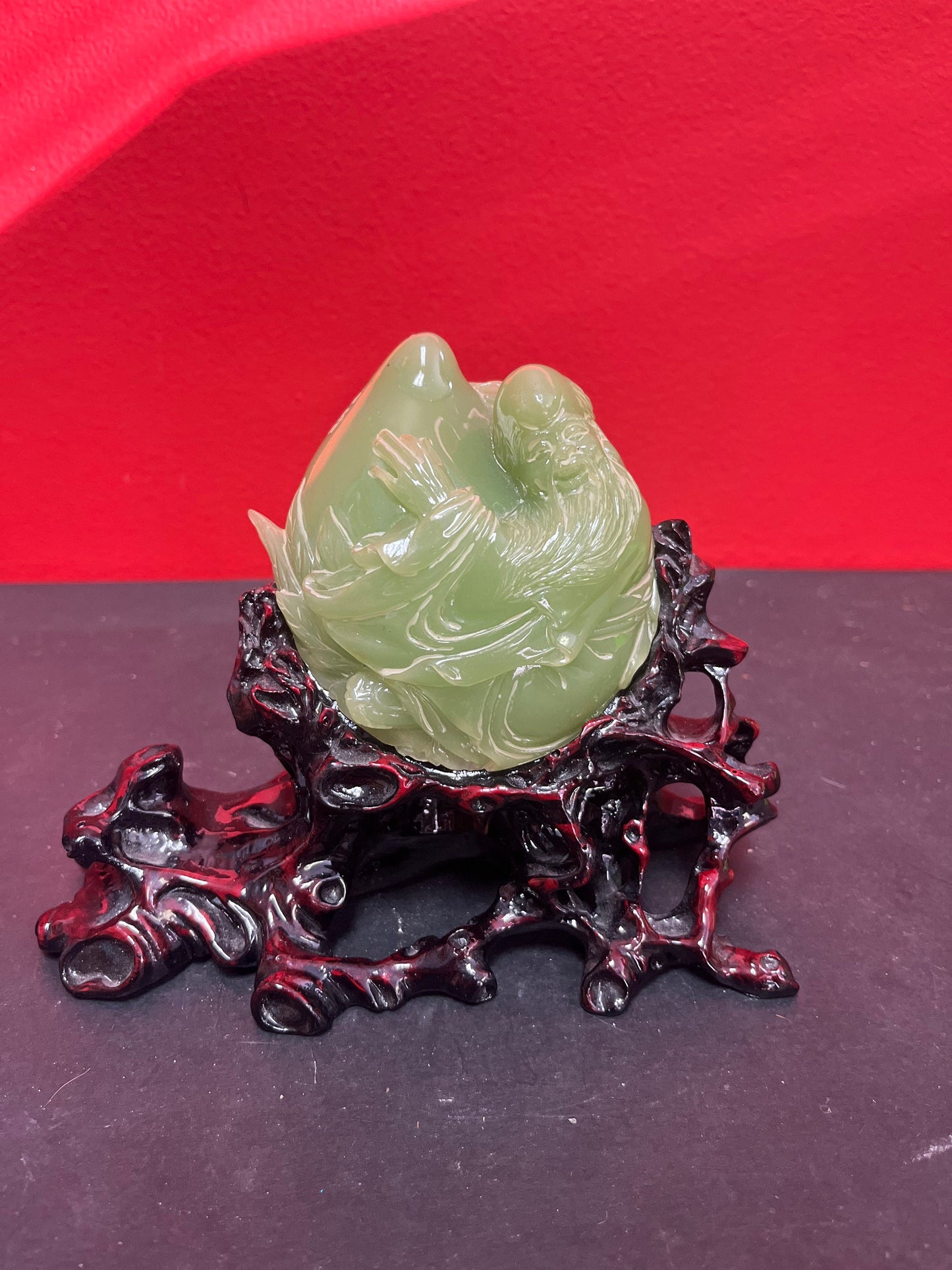 Exceptional Chinese 7 x 6 high signed Jade Confucius with pear on wooden stand  Perfect condition