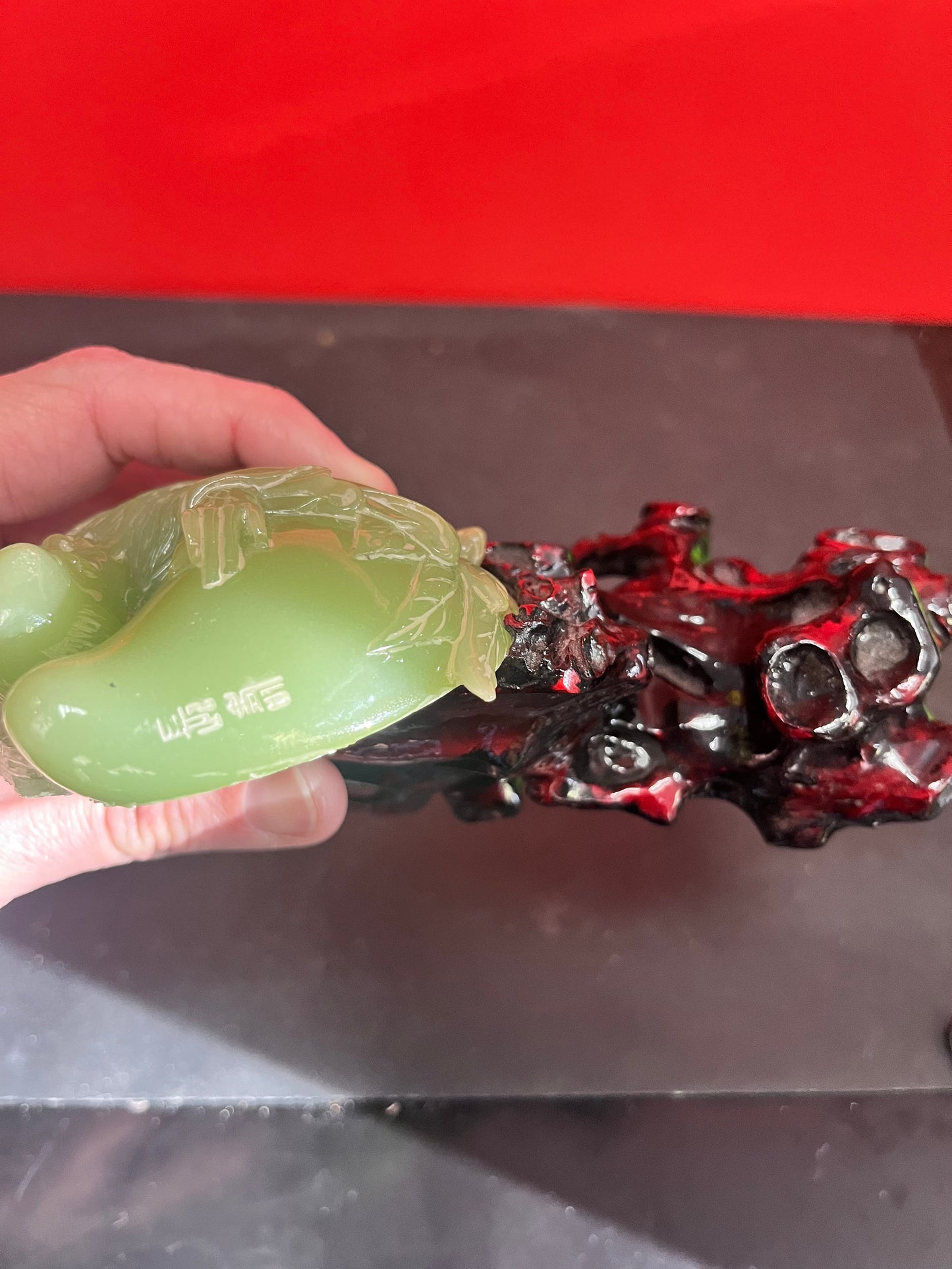 Exceptional Chinese 7 x 6 high signed Jade Confucius with pear on wooden stand  Perfect condition