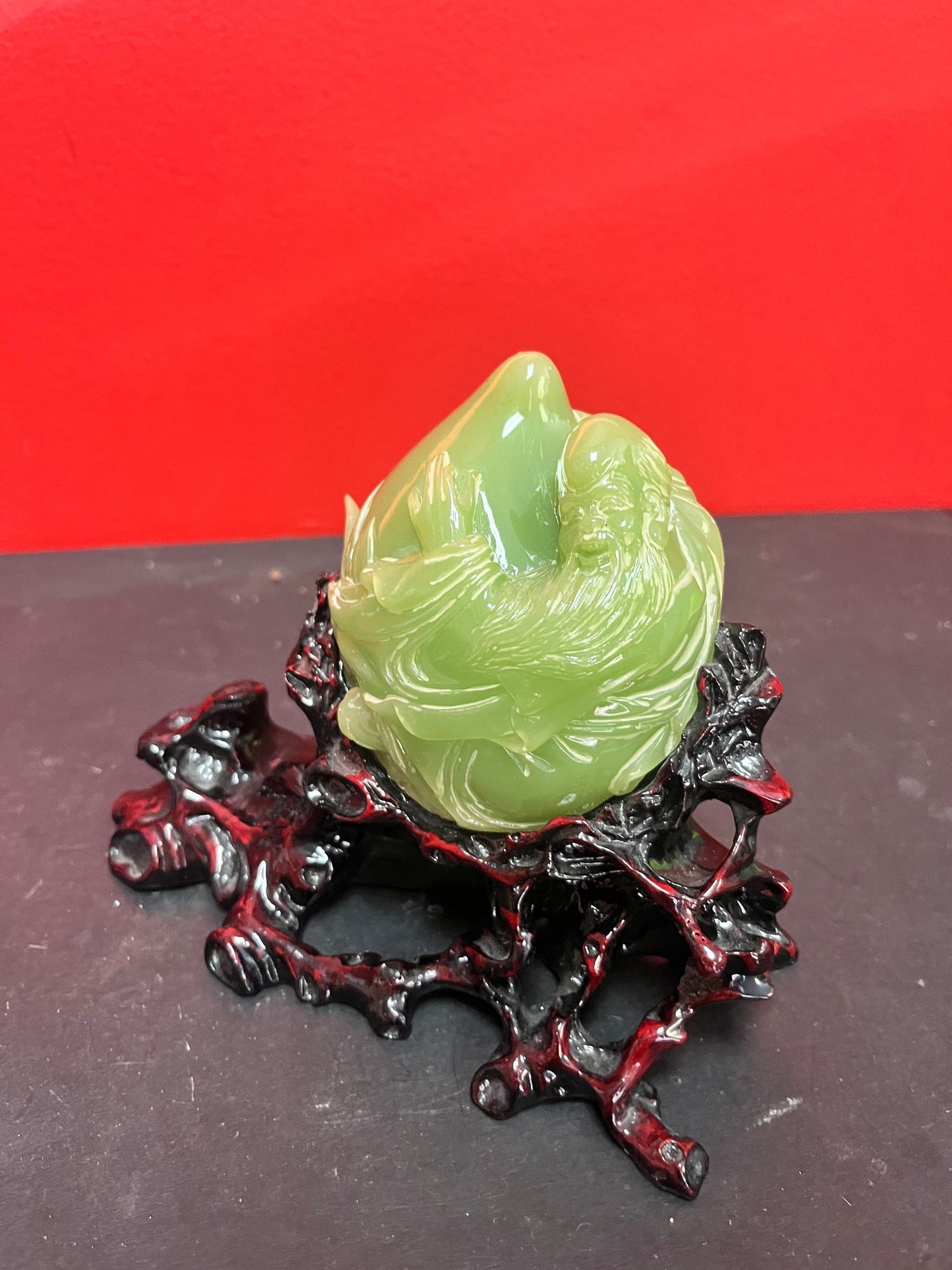 Exceptional Chinese 7 x 6 high signed Jade Confucius with pear on wooden stand  Perfect condition