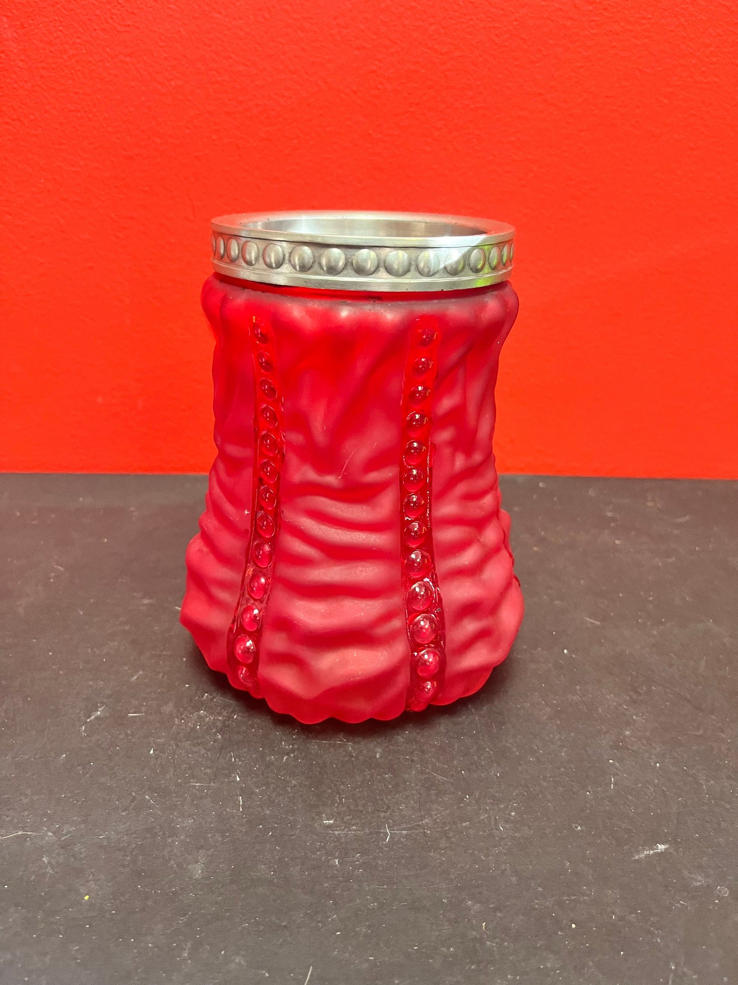 Stunning antique English 6 inch high ruby glass vase with silver plate top  Mint condition and illuminating effect