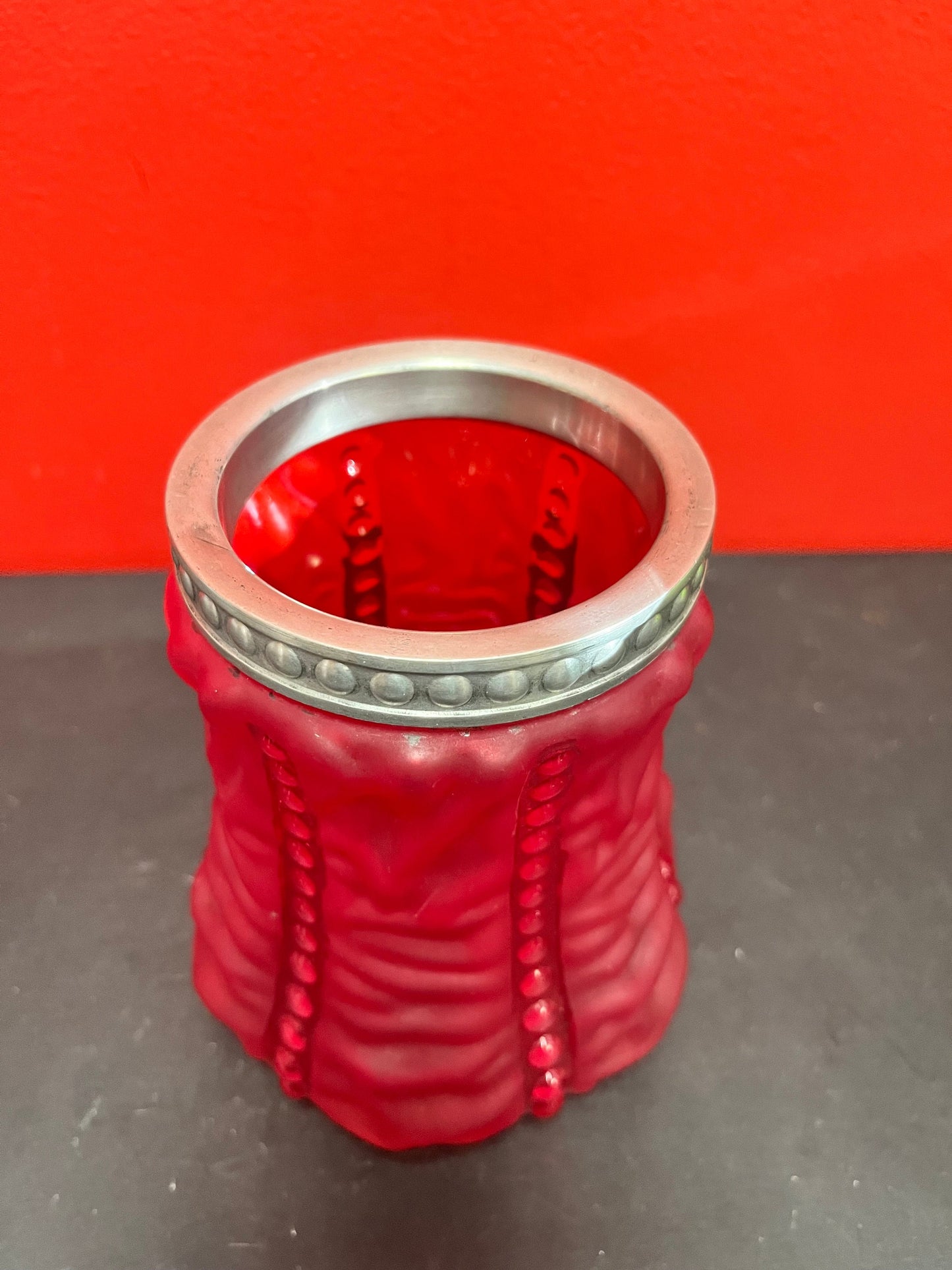 Stunning antique English 6 inch high ruby glass vase with silver plate top  Mint condition and illuminating effect