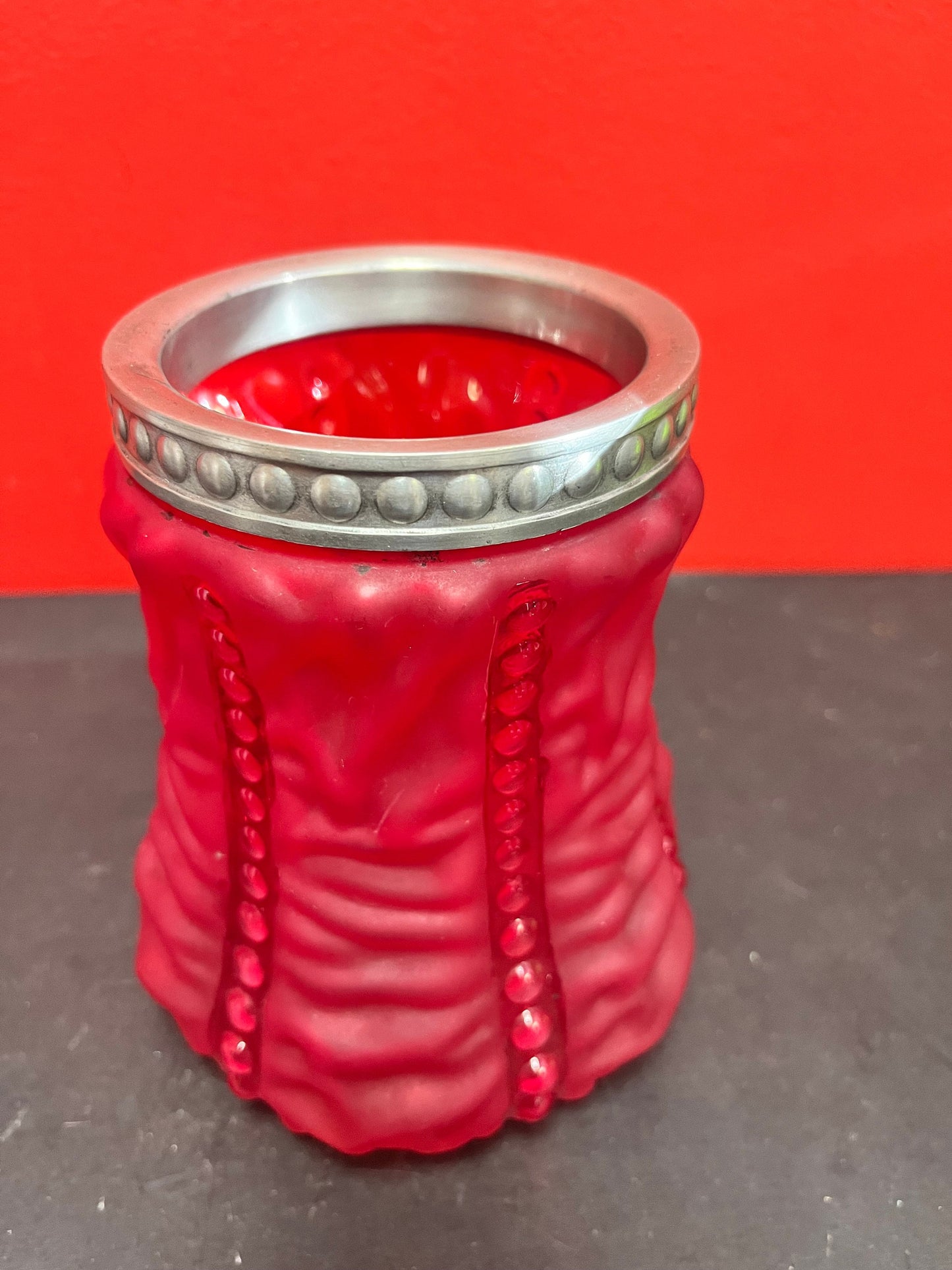 Stunning antique English 6 inch high ruby glass vase with silver plate top  Mint condition and illuminating effect