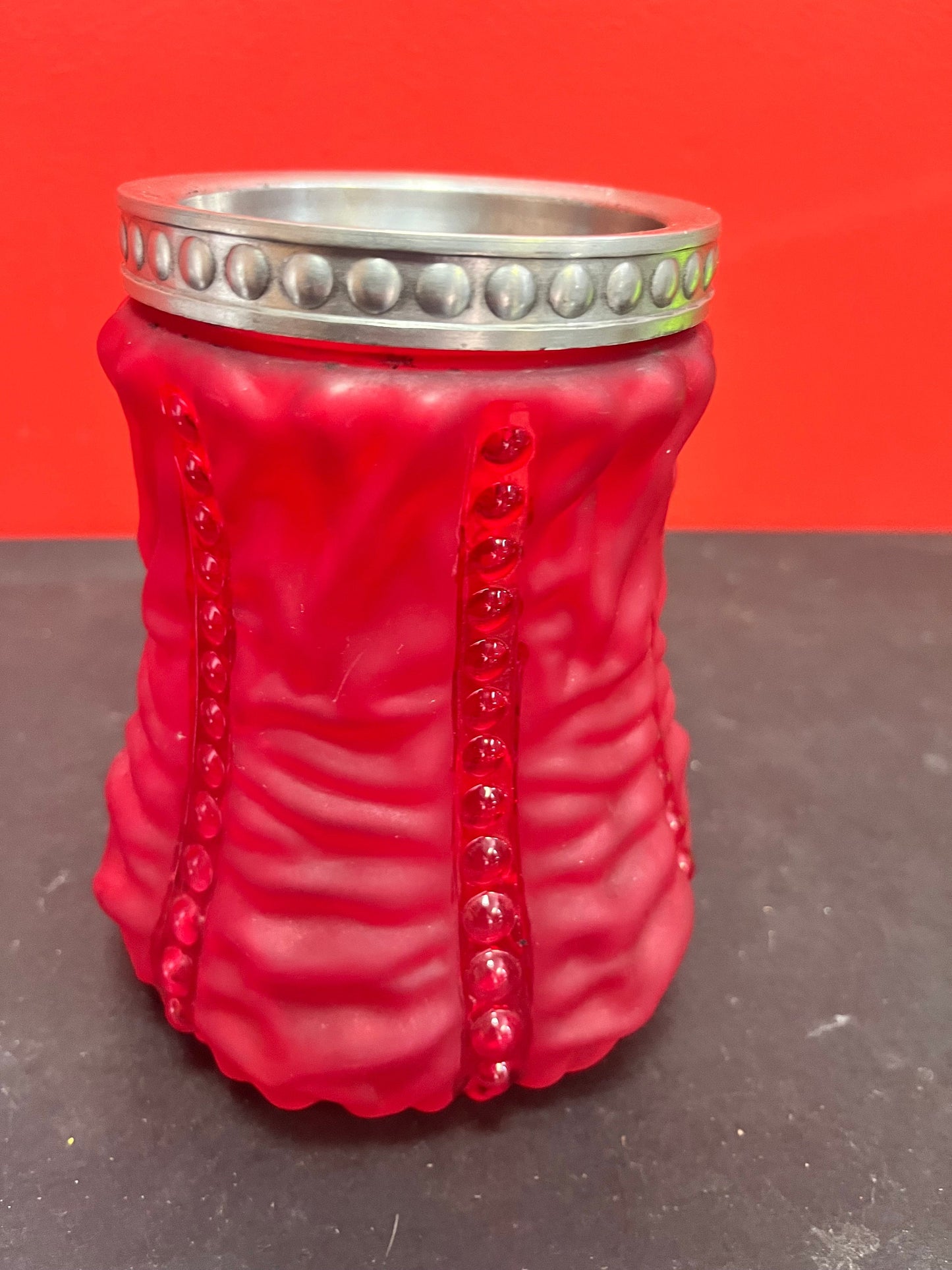 Stunning antique English 6 inch high ruby glass vase with silver plate top  Mint condition and illuminating effect