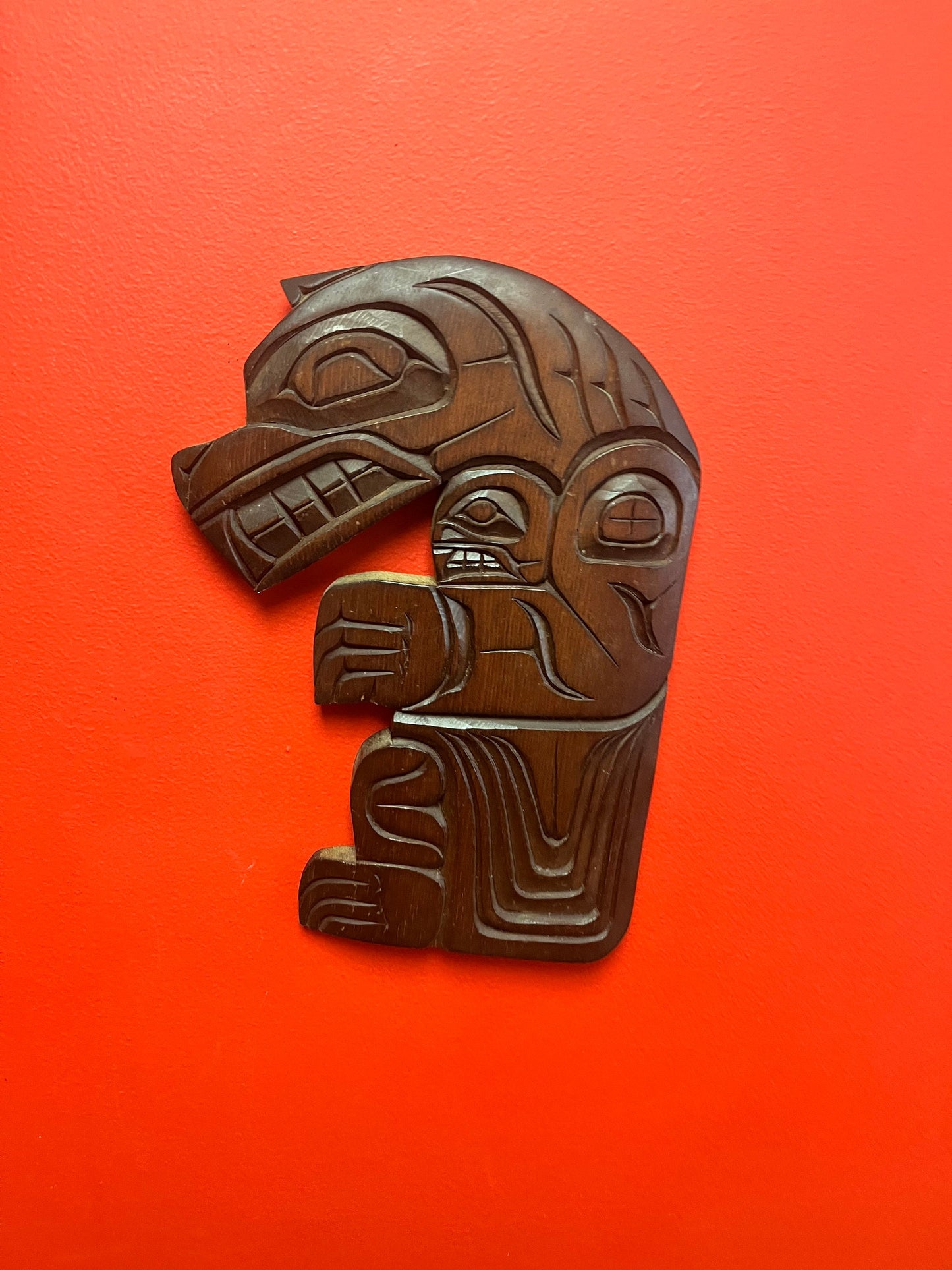 12 x 9 inch beautiful signed indigenous first nations Pacific Northwest coast stained cedar bear plaque