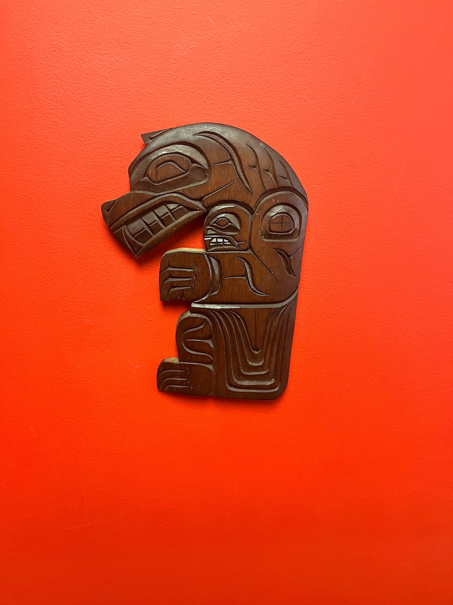 12 x 9 inch beautiful signed indigenous first nations Pacific Northwest coast stained cedar bear plaque