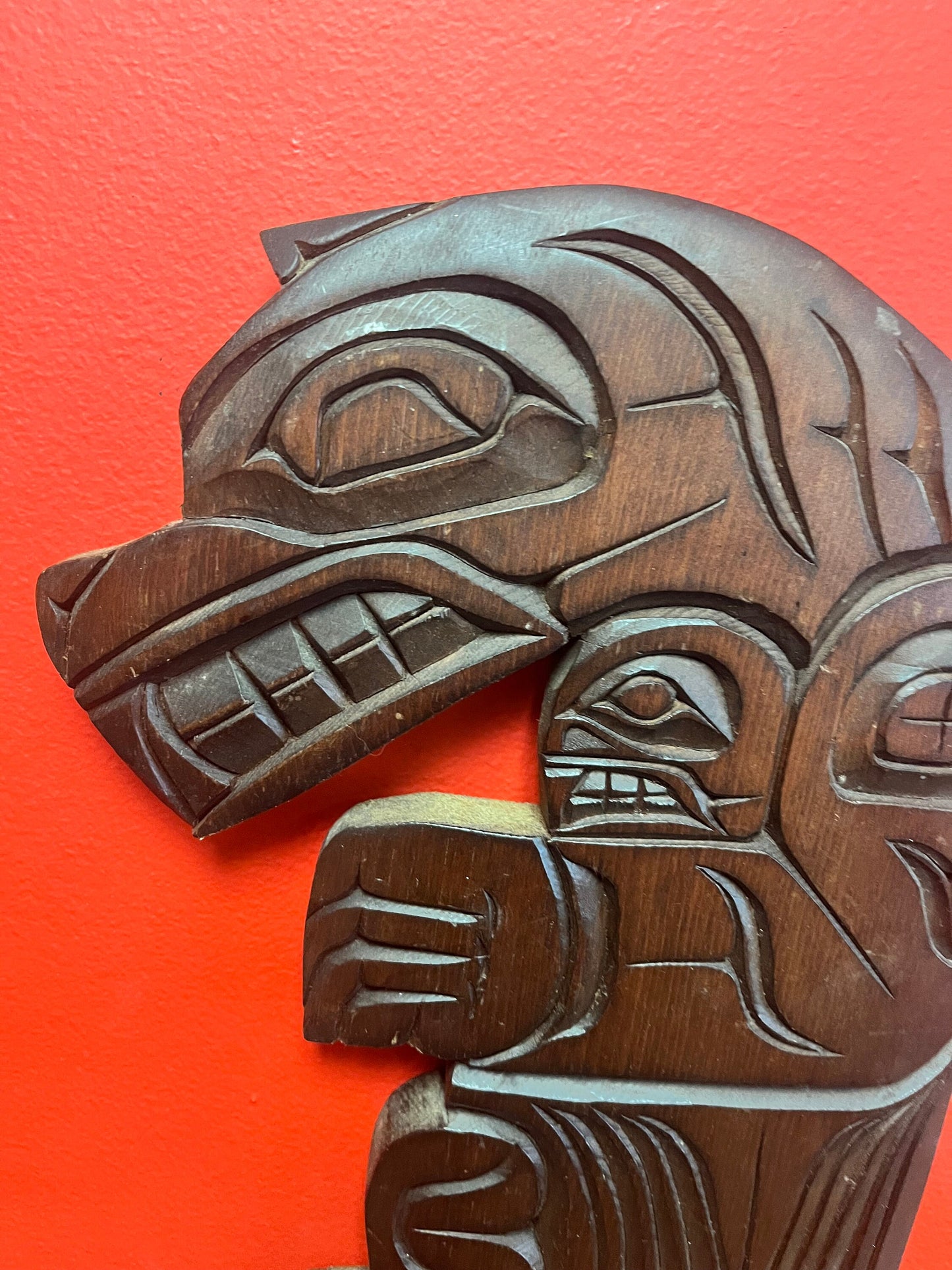 12 x 9 inch beautiful signed indigenous first nations Pacific Northwest coast stained cedar bear plaque