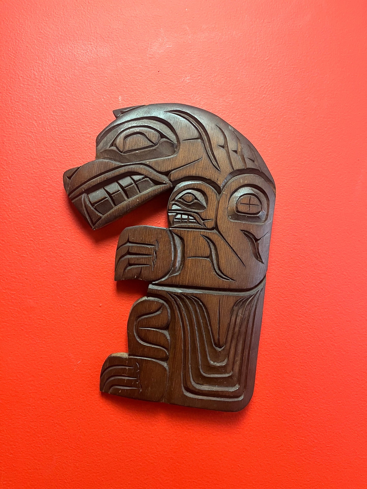 12 x 9 inch beautiful signed indigenous first nations Pacific Northwest coast stained cedar bear plaque