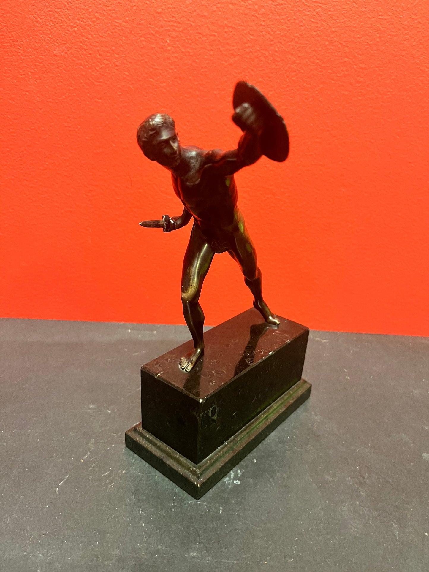 Stunning antique 8 inch tall bronze warrior statue on marble base  great patina