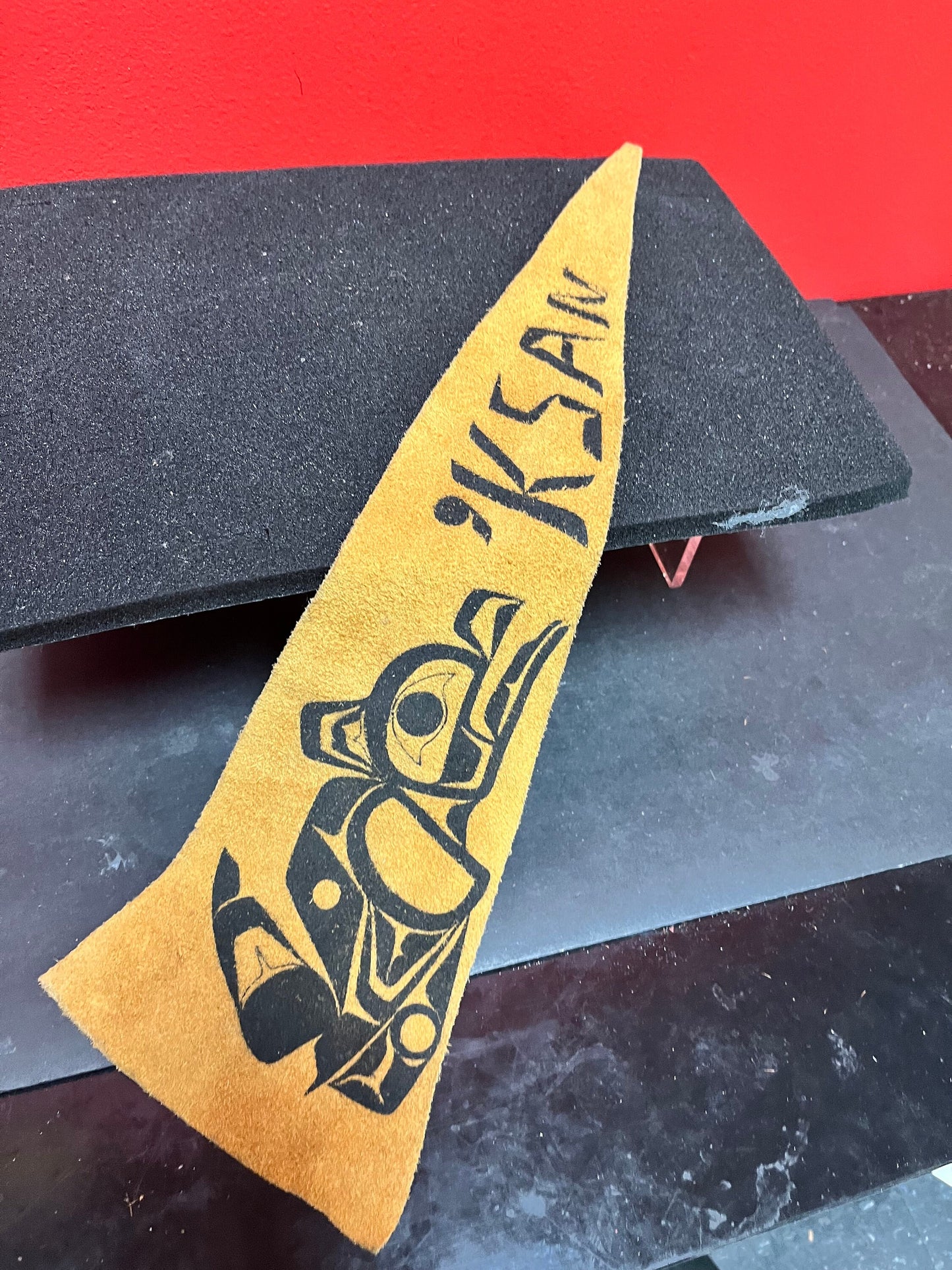 18 inch long, vintage leather indigenous First Nations northwest coast  pennant