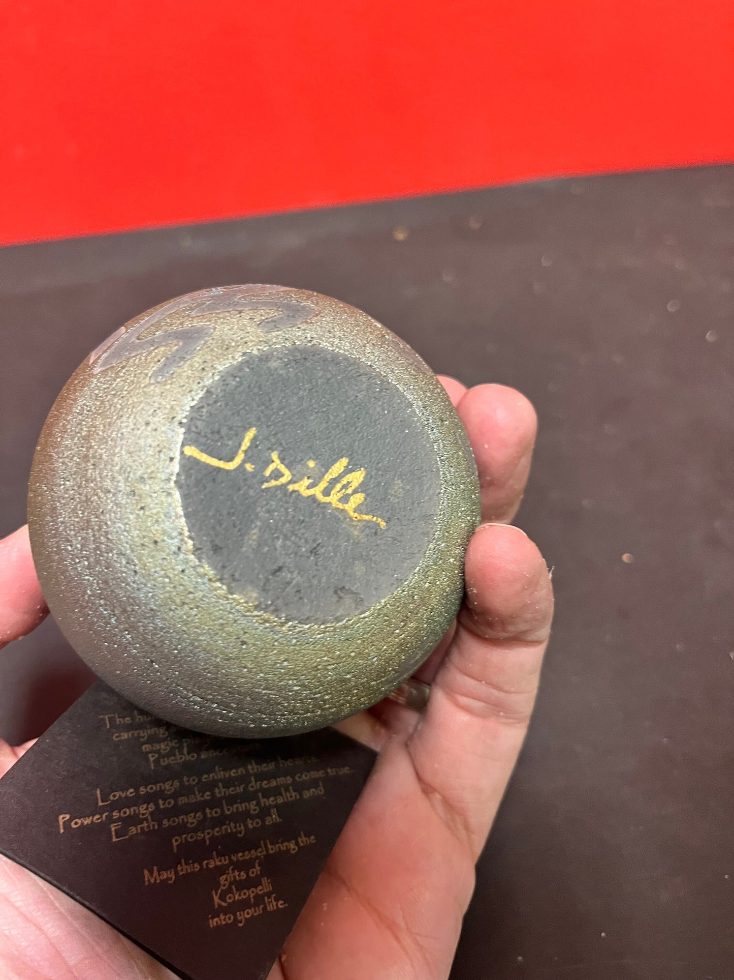 Lovely vintage Navajo Kokopelli signed handmade pottery vase with the original tag  perfect condition