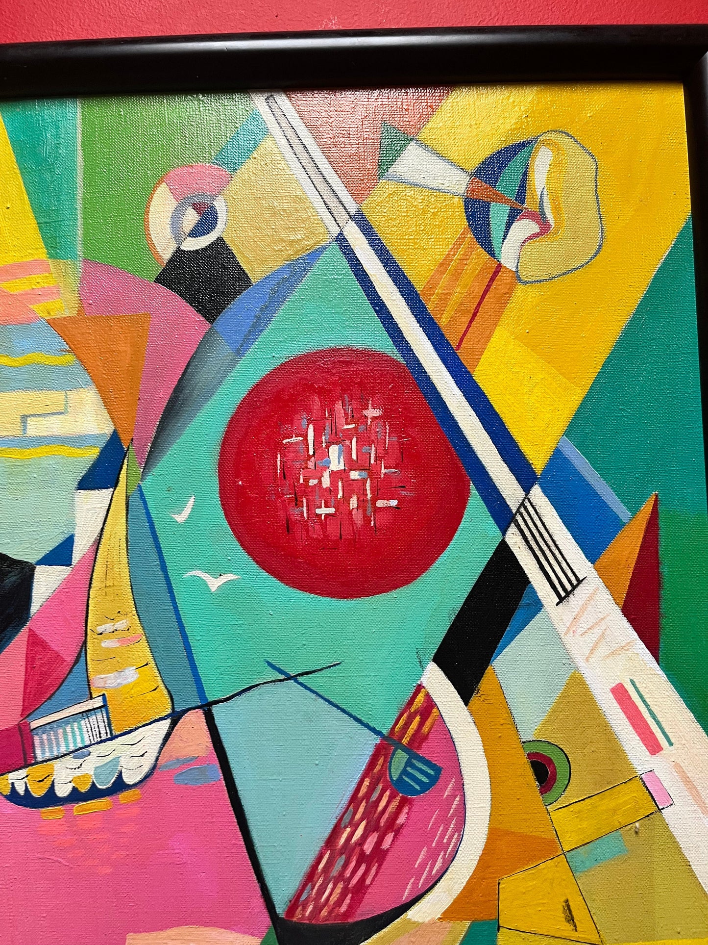 Stunning 22 x 17 wide 1960s psychedelic abstract, acrylic painting on canvas in frame  signed  wow