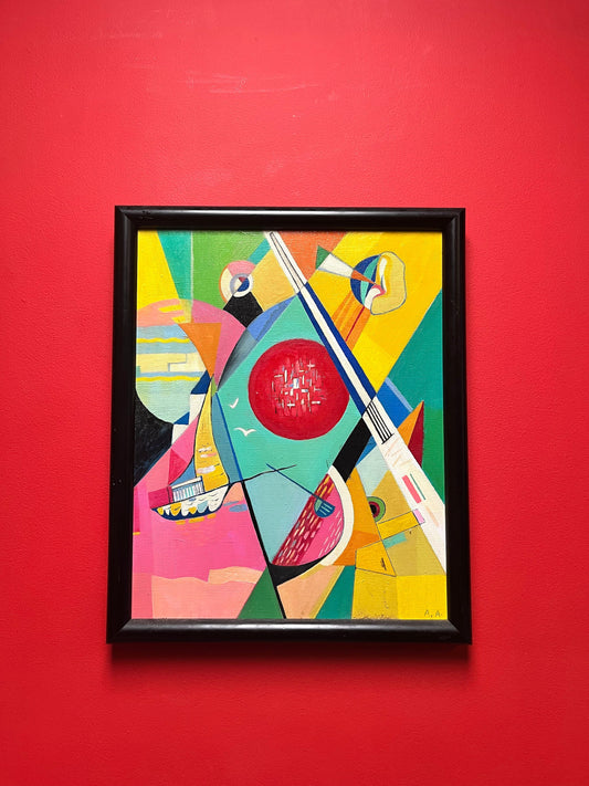 Stunning 22 x 17 wide 1960s psychedelic abstract, acrylic painting on canvas in frame  signed  wow