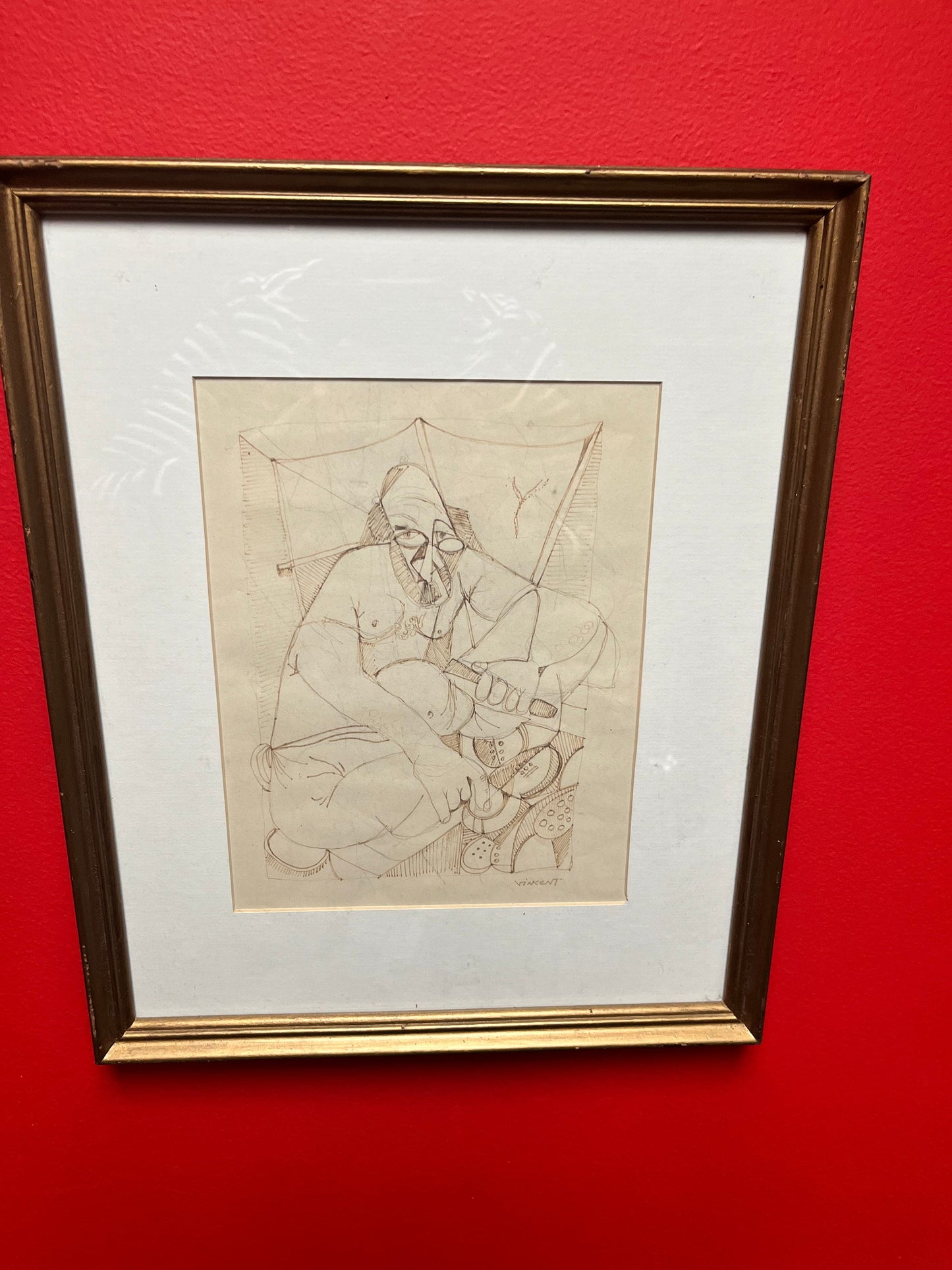 Spectacular 16 x 13 wide original etching signed Vincent in gilt  frame  in the style of Vincent van Gogh  fabulous look